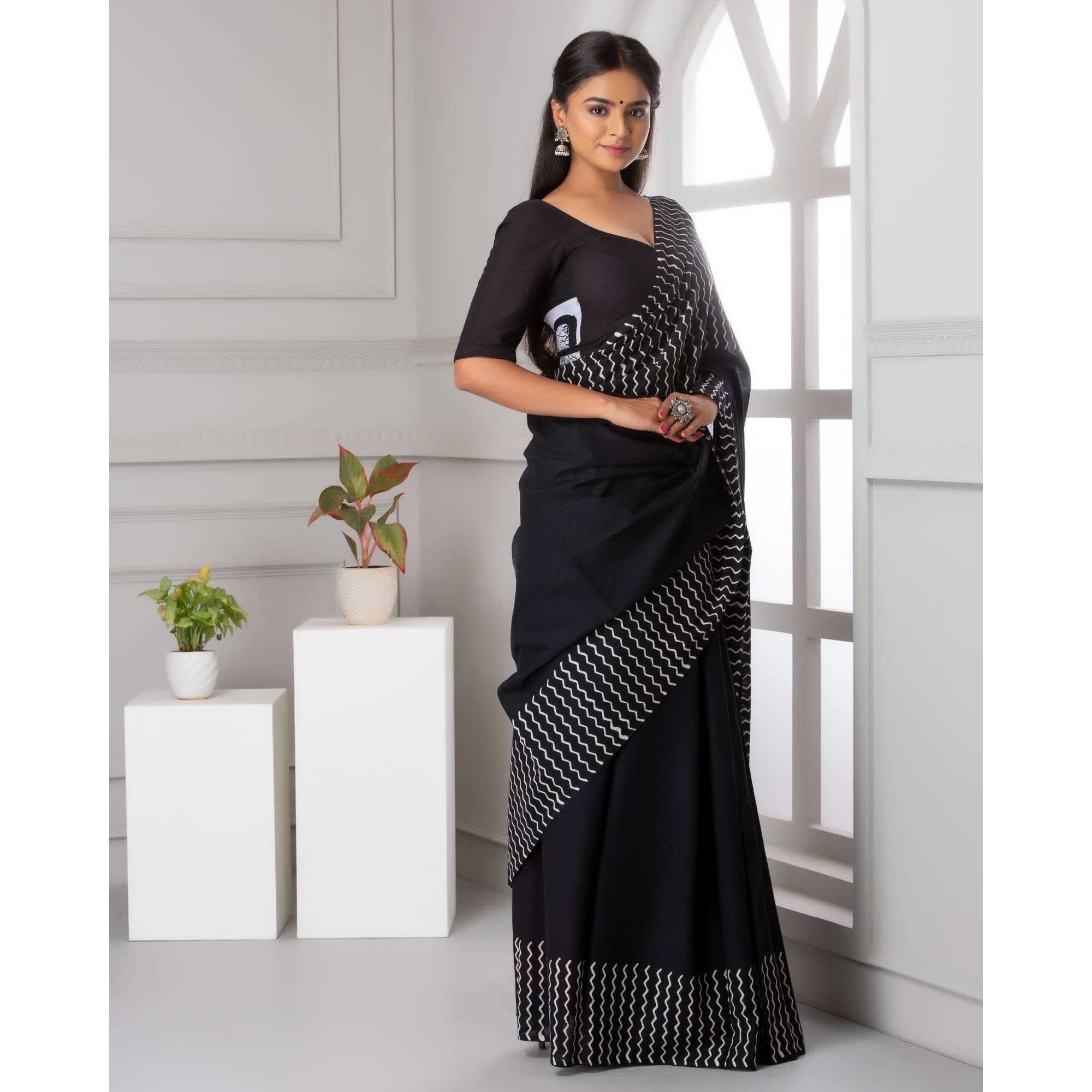JALTHER Handicrafts Womens Ikat Hand Block Print Jaipuri Cotton Mulmul Saree with Blouse Piece - Grey_320