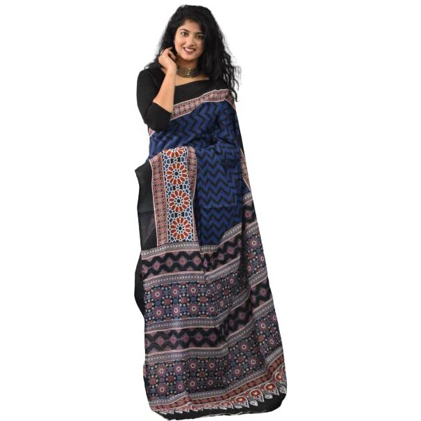 JALTHER Handicrafts Womens Ikat Hand Block Print Jaipuri Cotton Mulmul Saree with Blouse Piece - Blue_322