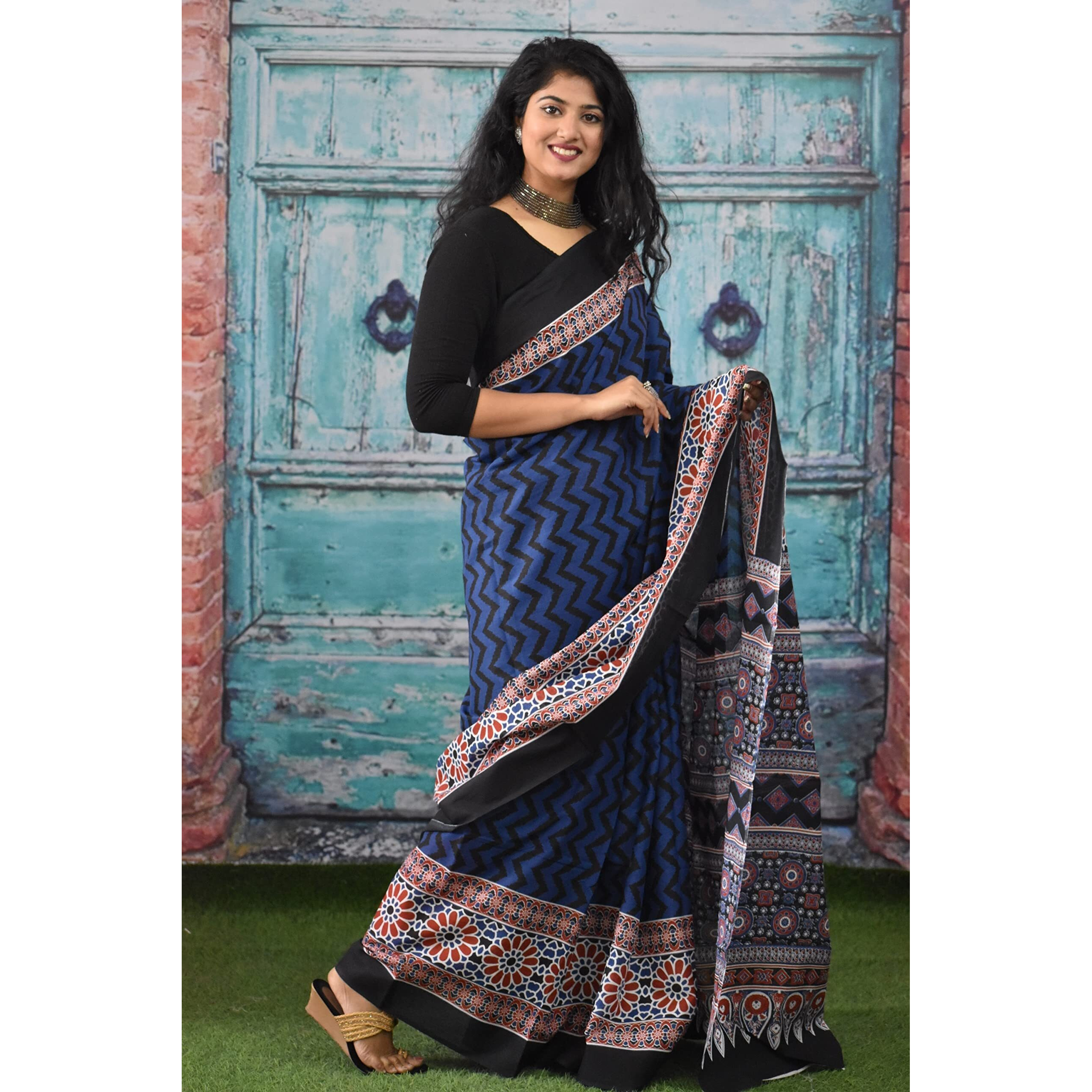 JALTHER Handicrafts Womens Ikat Hand Block Print Jaipuri Cotton Mulmul Saree with Blouse Piece - Blue_322
