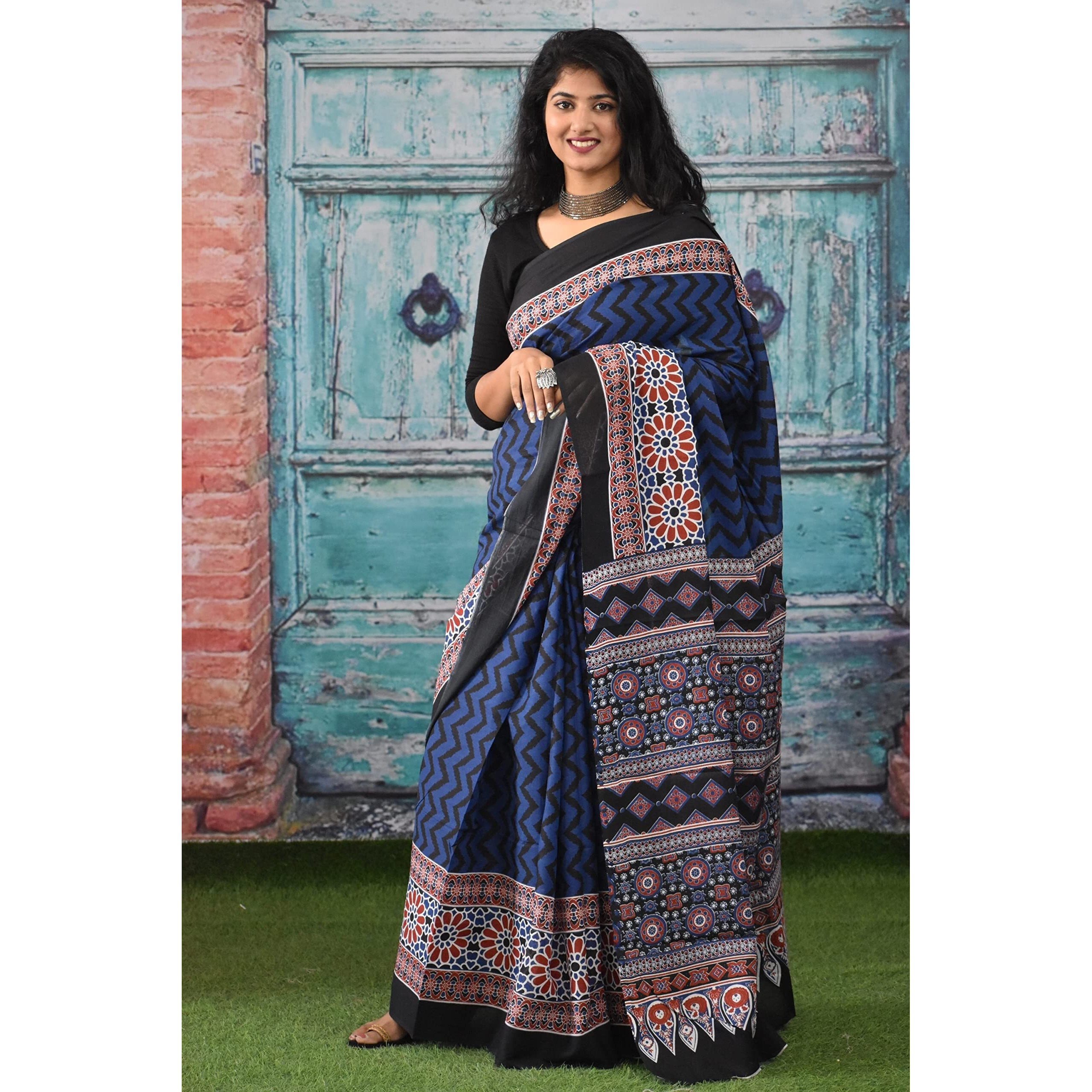 JALTHER Handicrafts Womens Ikat Hand Block Print Jaipuri Cotton Mulmul Saree with Blouse Piece - Blue_322