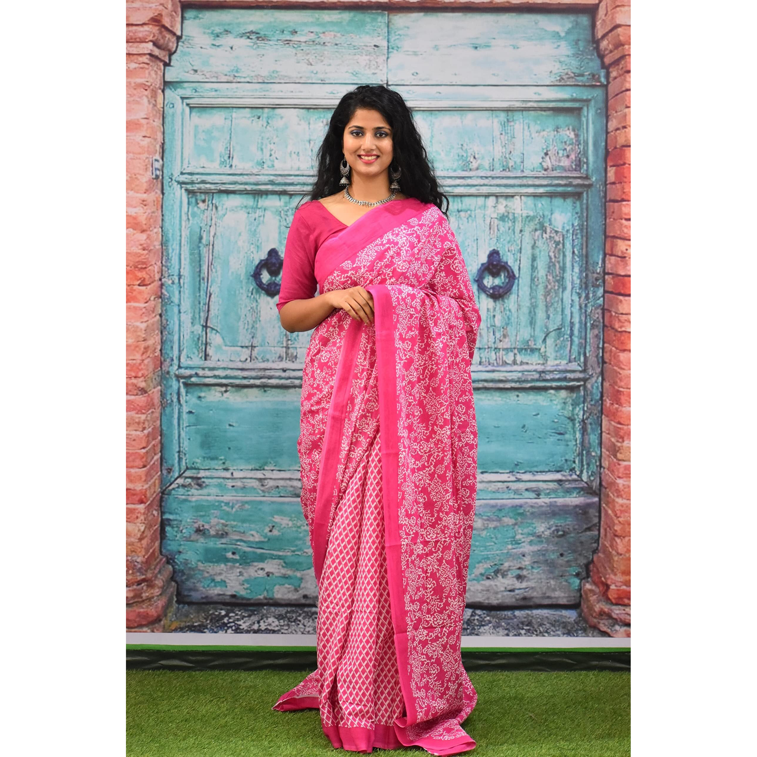 JALTHER Handicrafts Womens Ikat Hand Block Print Jaipuri Cotton Mulmul Saree with Blouse Piece - Pink_316