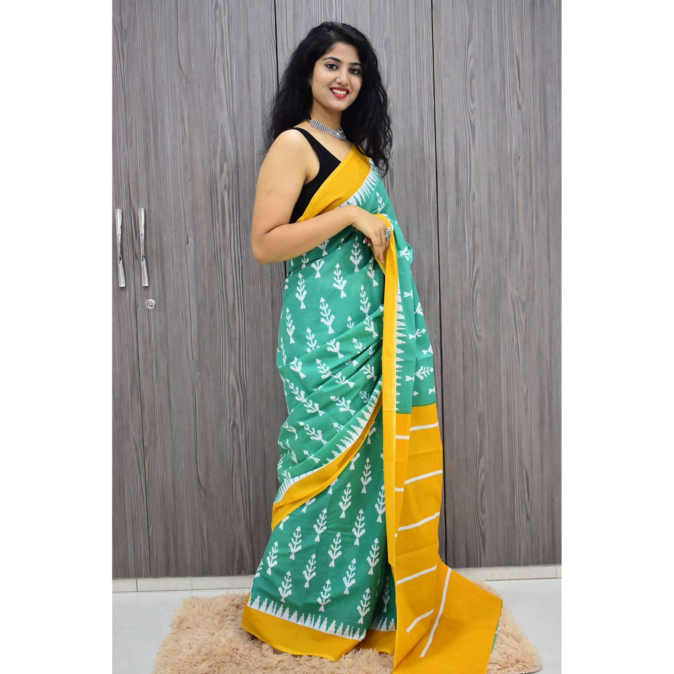 JALTHER Handicrafts Womens Ikat Hand Block Print Jaipuri Cotton Mulmul Saree with Blouse Piece - Green_311