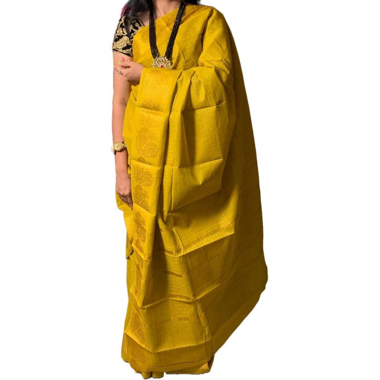 Madurai Sungudi Cotton- Zari Checked Self Medium Size Border Saree For Women (Mustard)