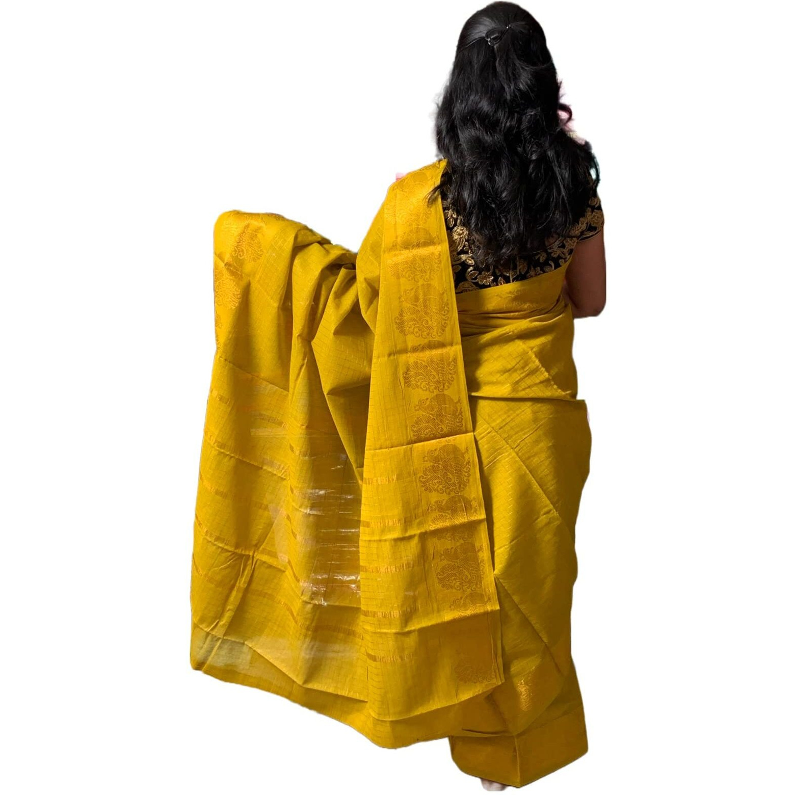 Madurai Sungudi Cotton- Zari Checked Self Medium Size Border Saree For Women (Mustard)