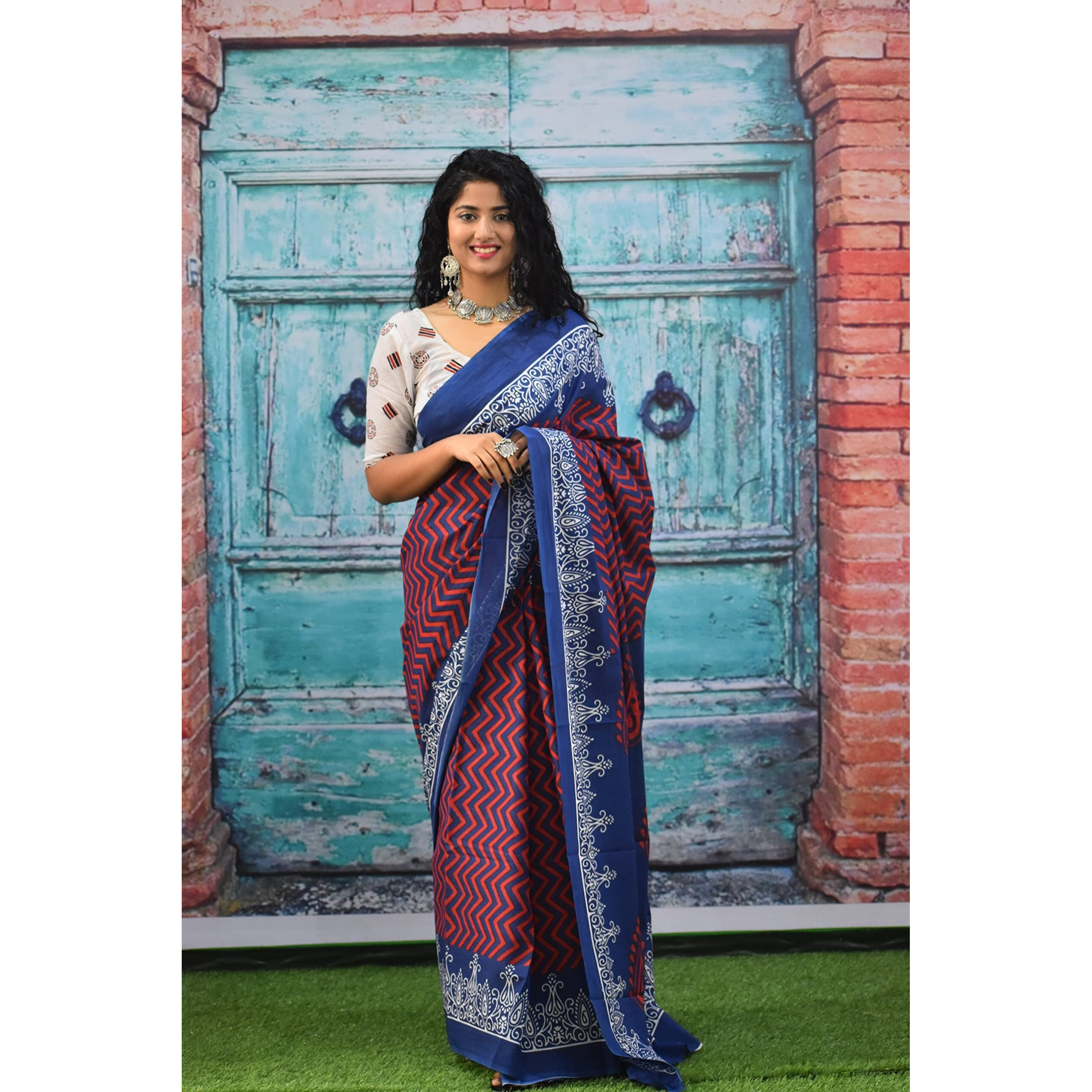 JALTHER Handicrafts Womens Ikat Hand Block Print Jaipuri Cotton Mulmul Saree with Blouse Piece - Blue_310