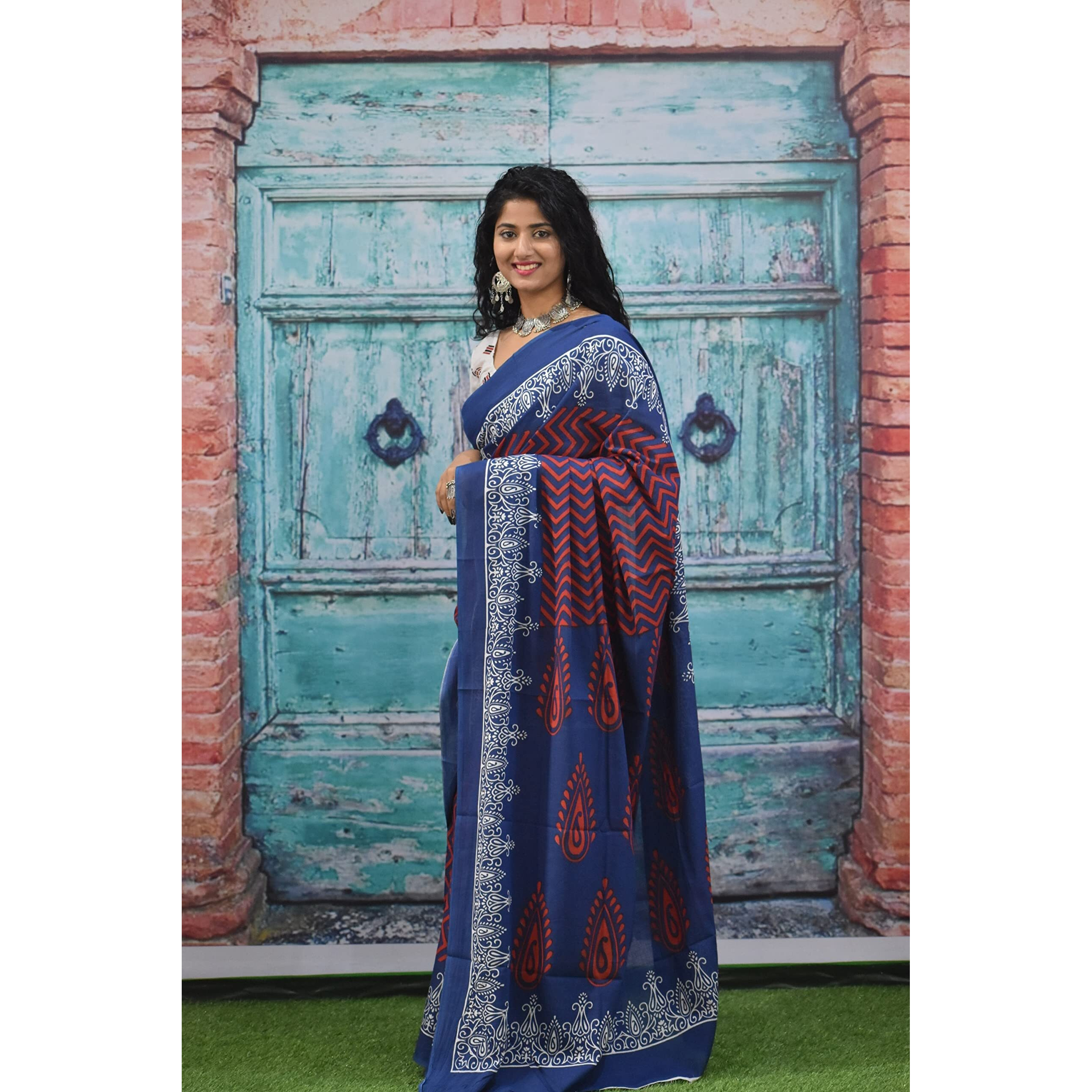 JALTHER Handicrafts Womens Ikat Hand Block Print Jaipuri Cotton Mulmul Saree with Blouse Piece - Blue_310