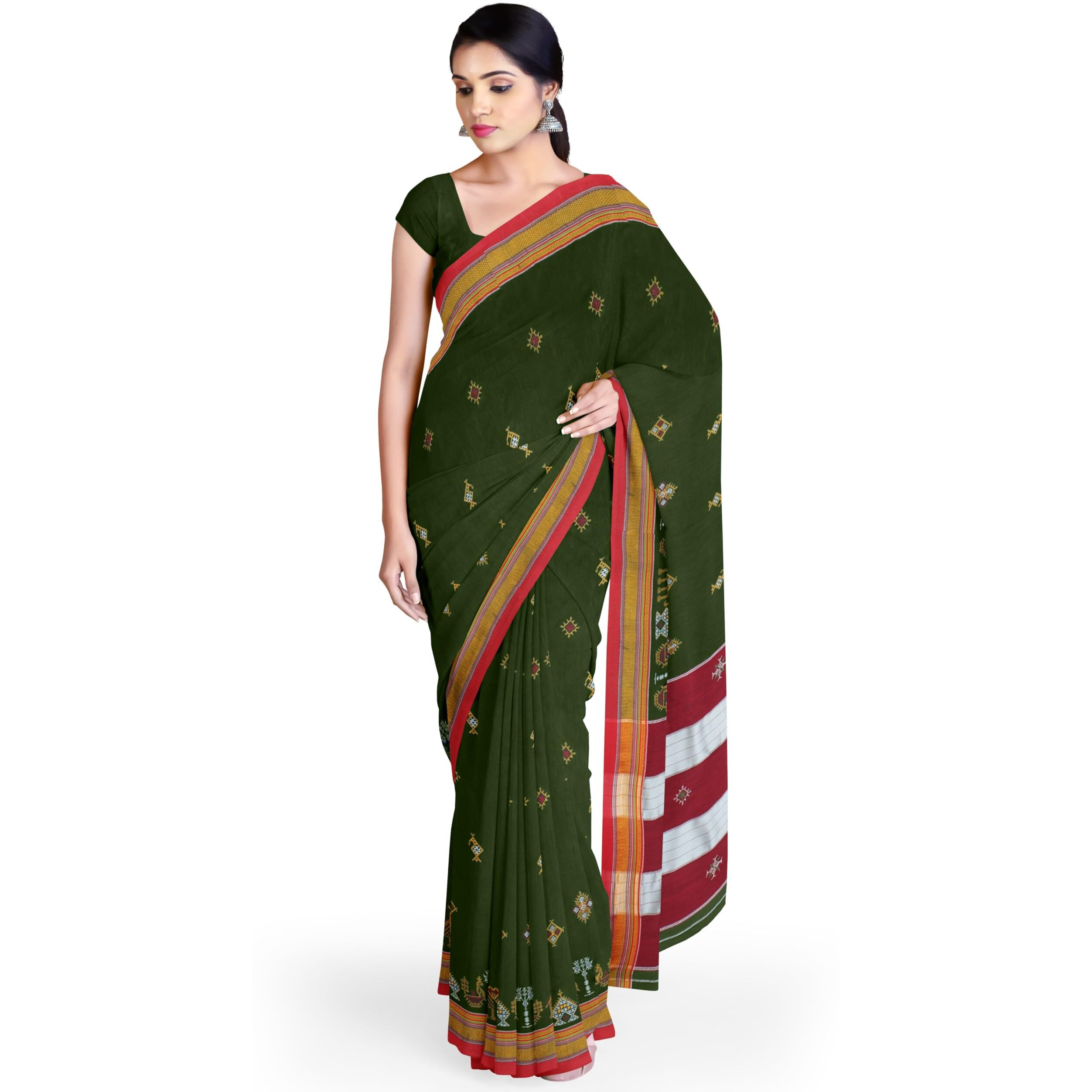 Neyge Womens Handloom Ilkal Pure Cotton Resham Silk Kasuti Saree with Stripe Pallu Running Blouse (Mehandi)