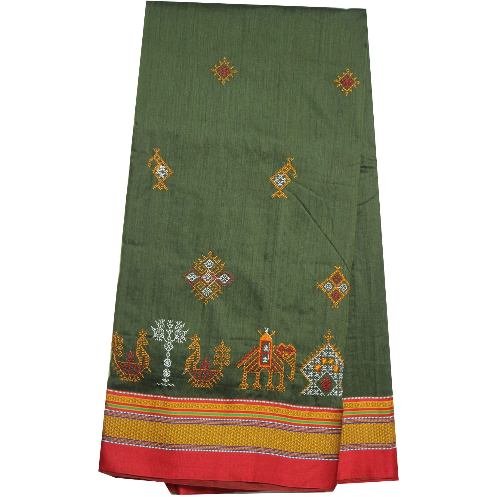 Neyge Womens Handloom Ilkal Pure Cotton Resham Silk Kasuti Saree with Stripe Pallu Running Blouse (Mehandi)