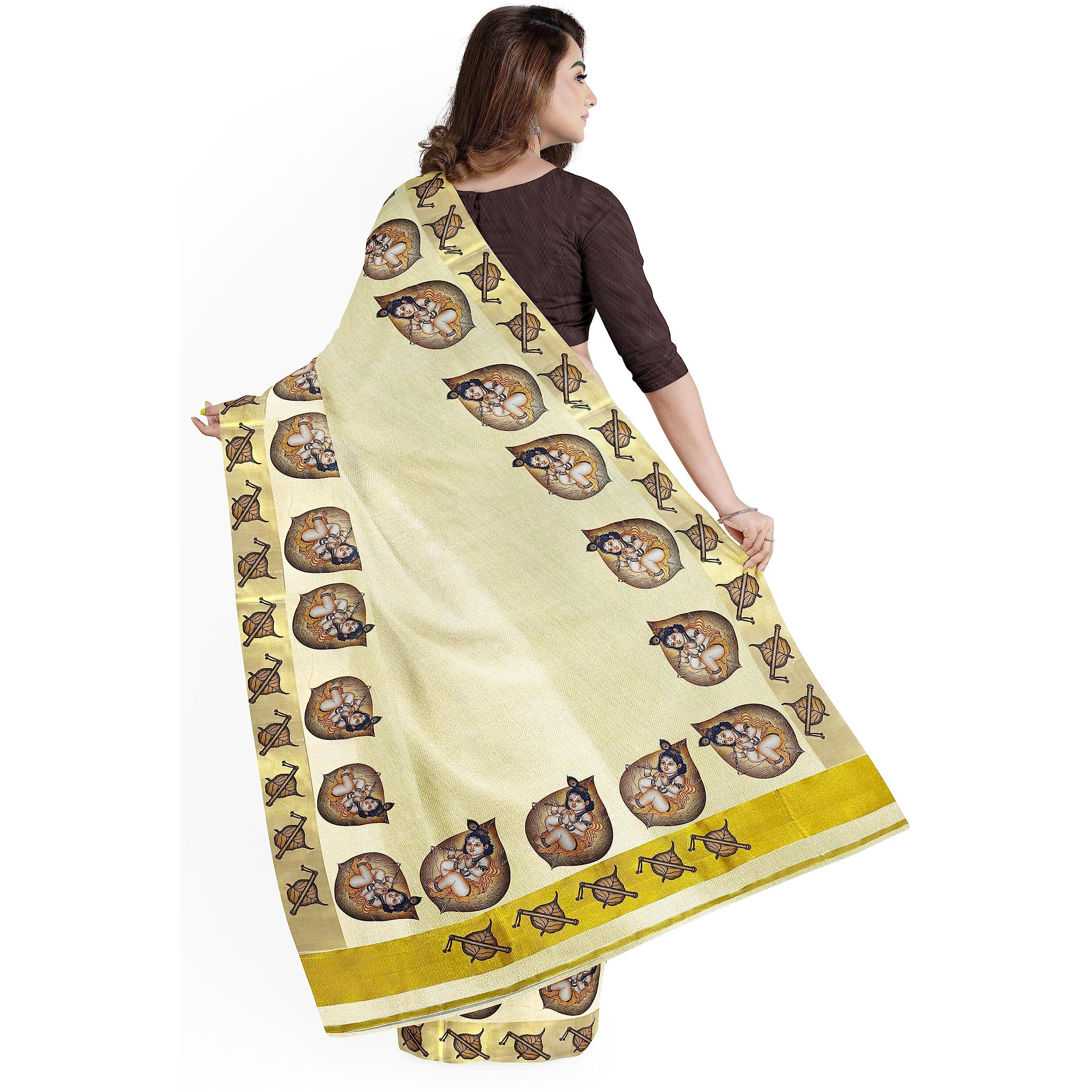 mylooms Womens Kuthampully Kerala Kasavu Saree with Running Blouse Tissue Cotton Mural Painted (Brown Alila)