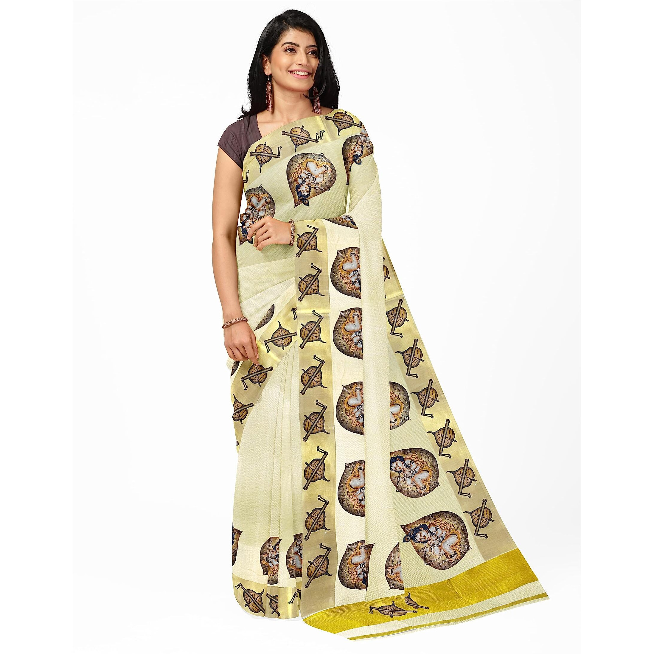 mylooms Womens Kuthampully Kerala Kasavu Saree with Running Blouse Tissue Cotton Mural Painted (Brown Alila)
