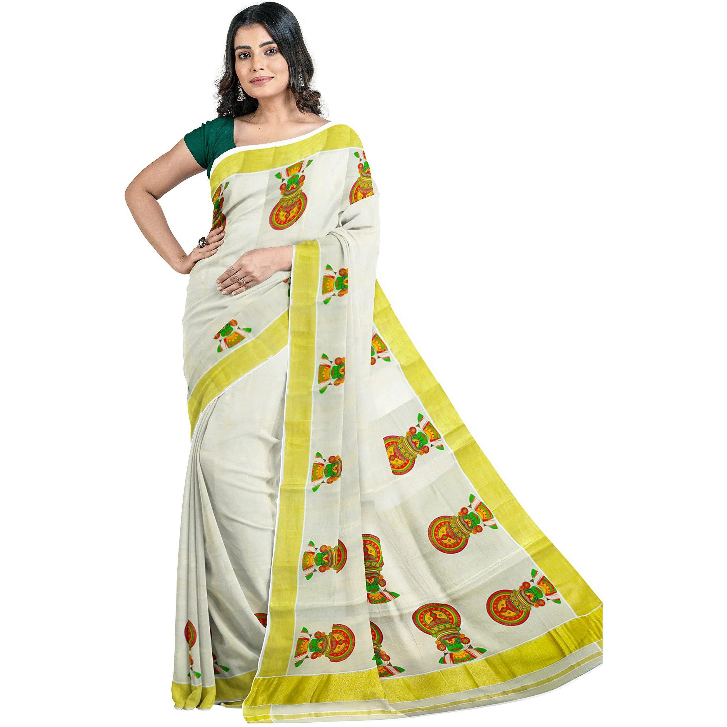 mylooms Womens Kuthampully Kerala Kasavu Saree with Running Blouse Tissue Cotton Mural Painted (Small Kadhakali)