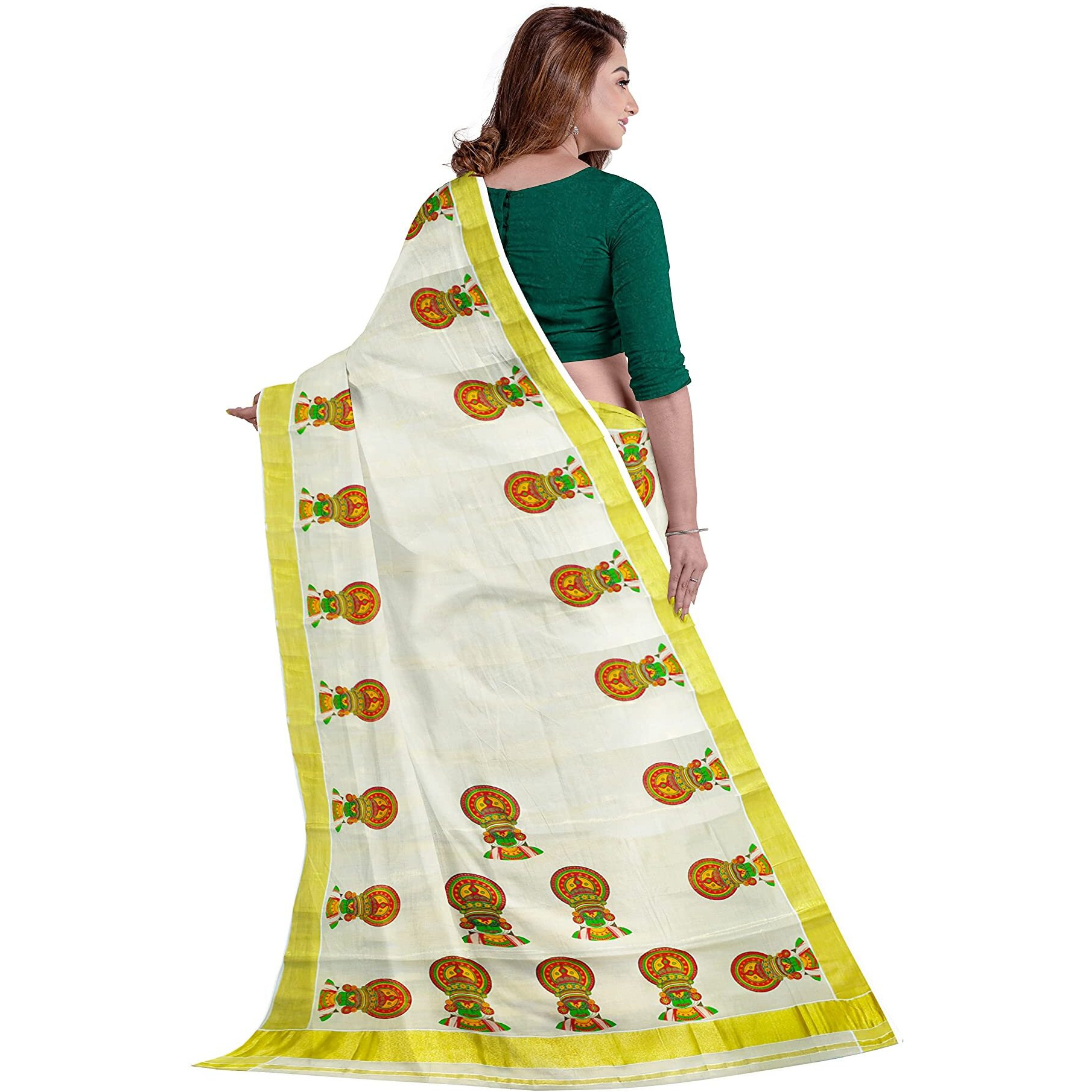 mylooms Womens Kuthampully Kerala Kasavu Saree with Running Blouse Tissue Cotton Mural Painted (Small Kadhakali)