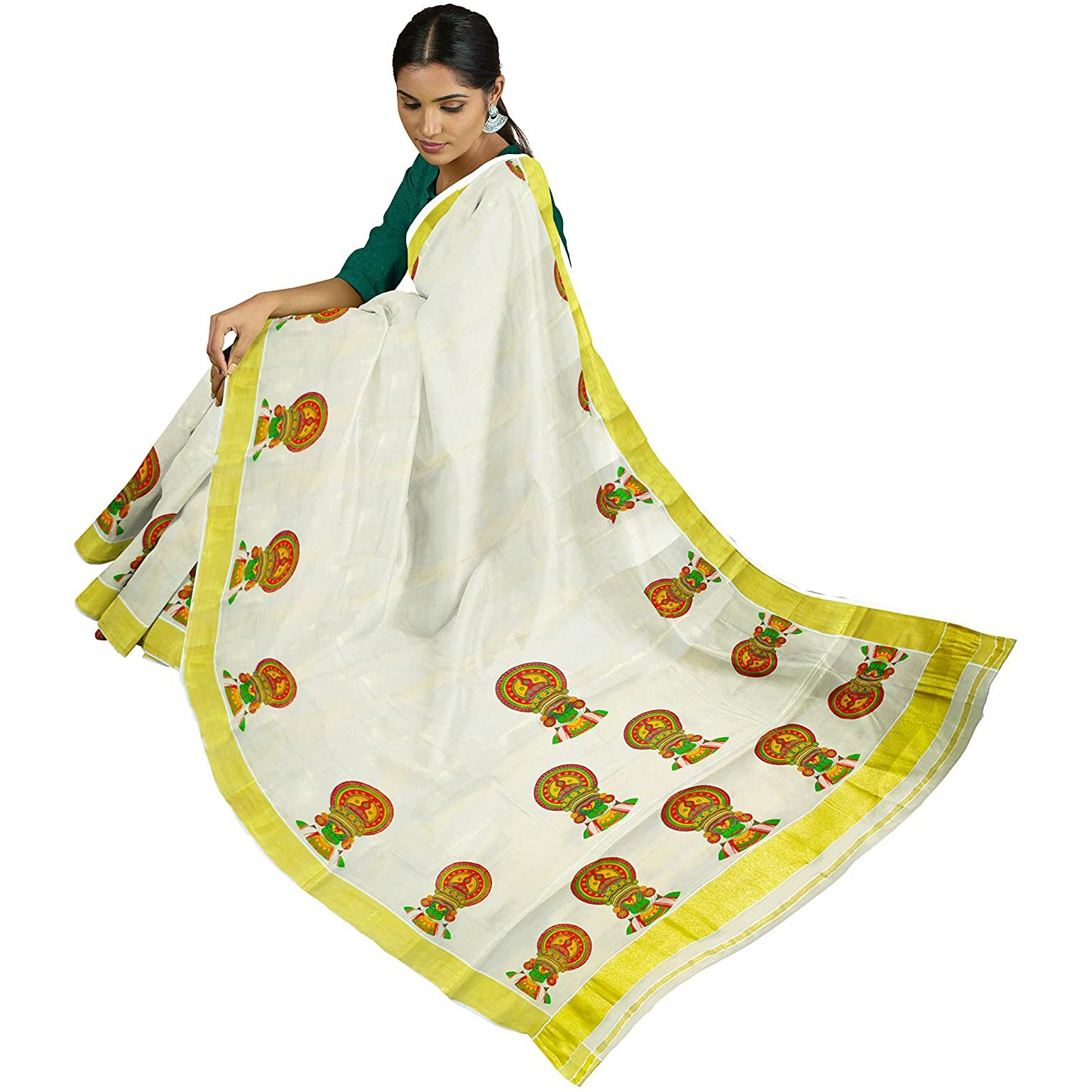 mylooms Womens Kuthampully Kerala Kasavu Saree with Running Blouse Tissue Cotton Mural Painted (Small Kadhakali)