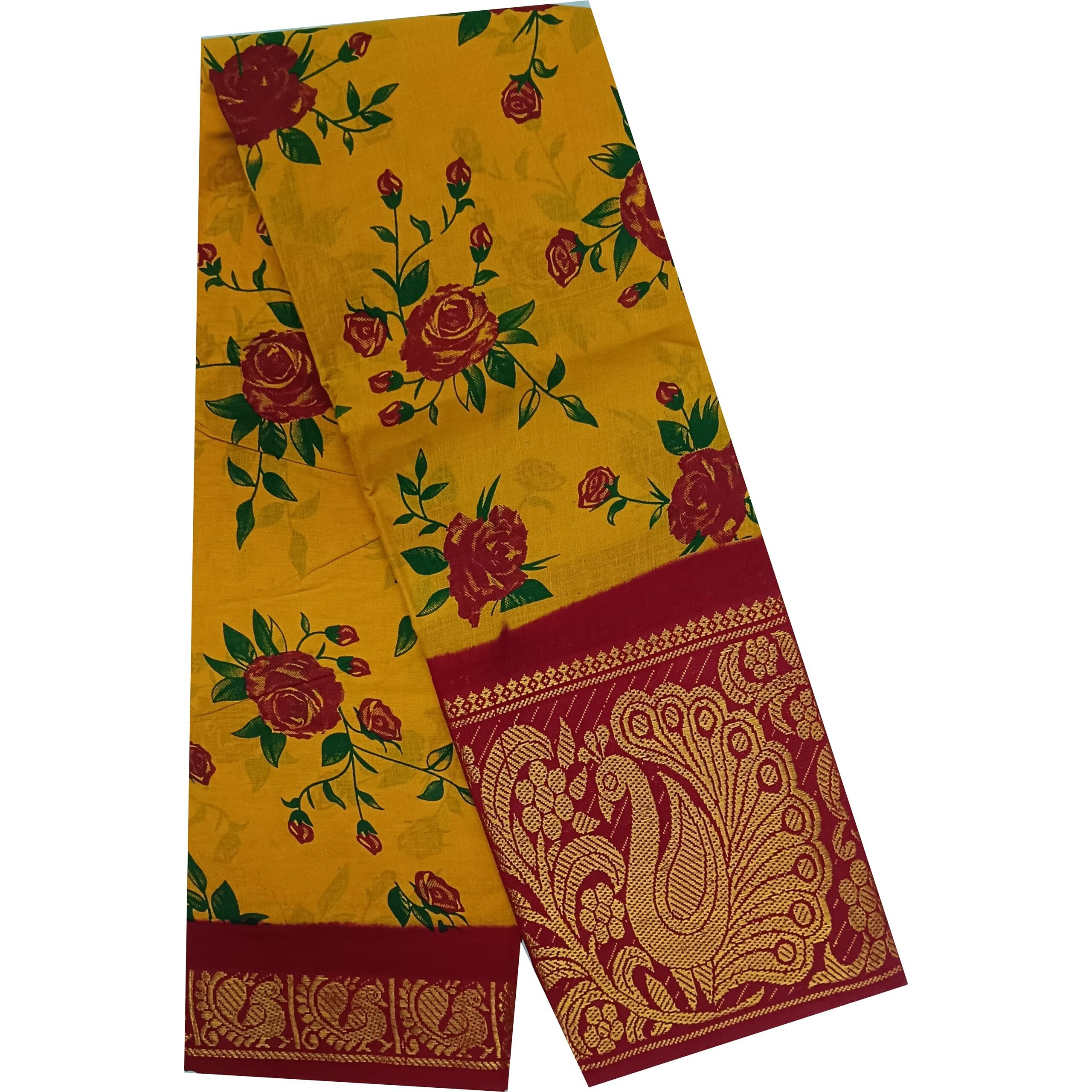 Madurai Sungudi Cotton Saree - Big Border & Floral Printed Without Blouse Saree for Women (Yellow & Red)