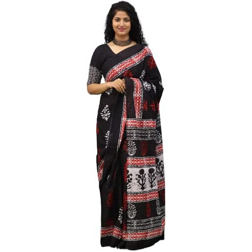 JALTHER Handicrafts Womens Ikat Hand Block Print Jaipuri Cotton Mulmul Saree with Blouse Piece - Black_392