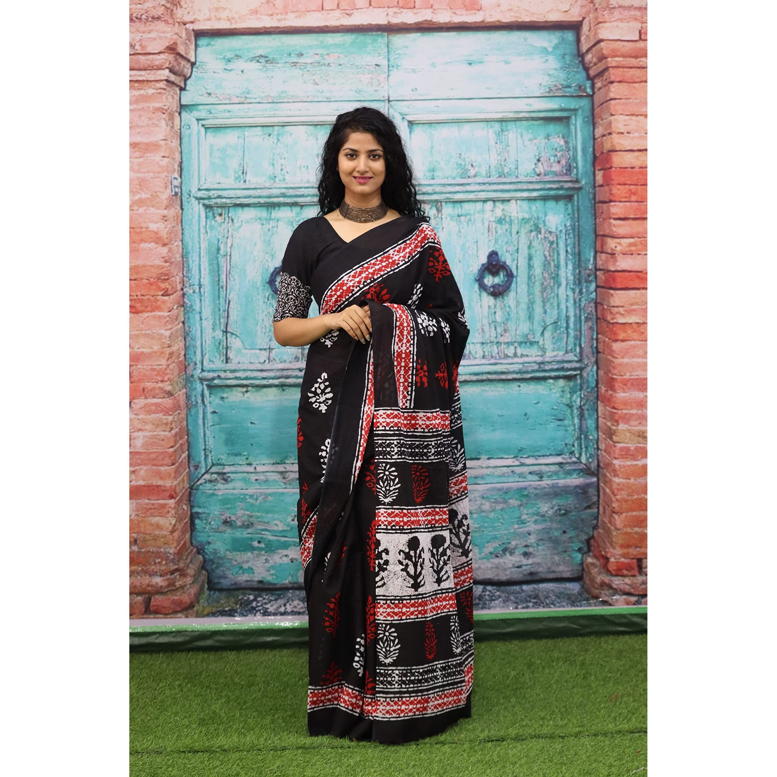 JALTHER Handicrafts Womens Ikat Hand Block Print Jaipuri Cotton Mulmul Saree with Blouse Piece - Black_392