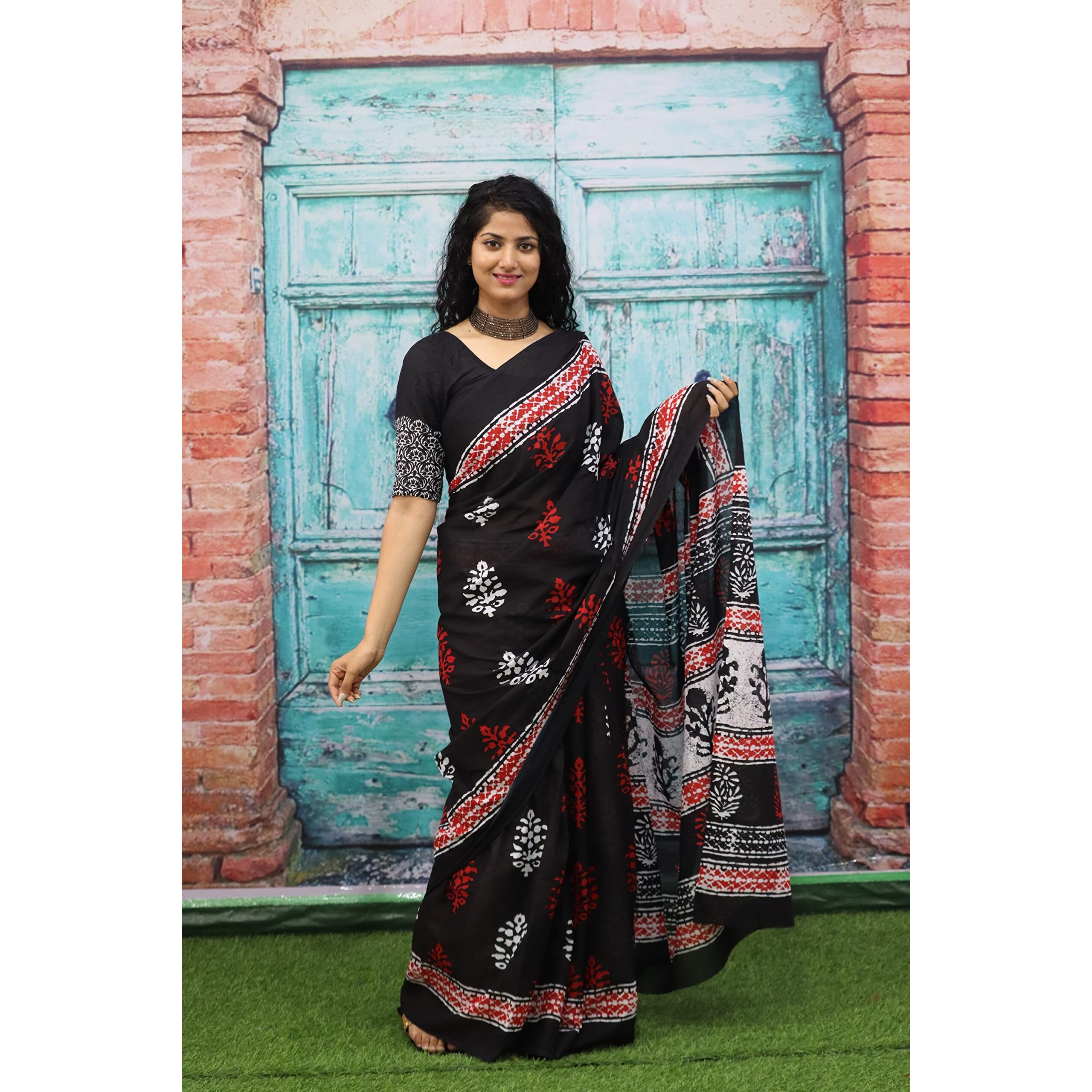 JALTHER Handicrafts Womens Ikat Hand Block Print Jaipuri Cotton Mulmul Saree with Blouse Piece - Black_392