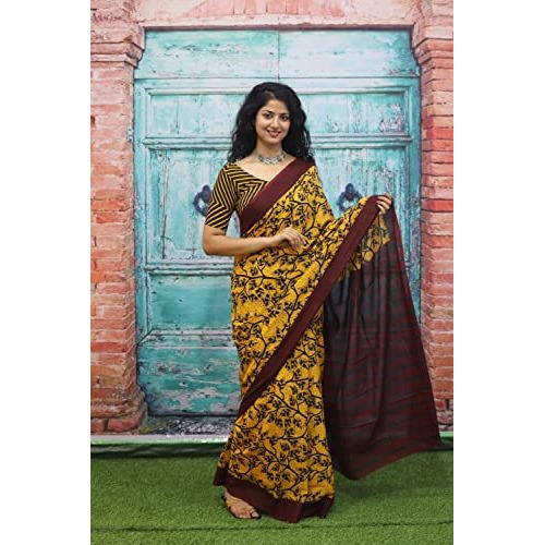 JALTHER Handicrafts Womens Ikat Hand Block Print Jaipuri Cotton Mulmul Saree with Blouse Piece - Brown_386