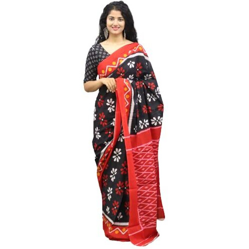 JALTHER Handicrafts Womens Ikat Hand Block Print Jaipuri Cotton Mulmul Saree with Blouse Piece - Black_384