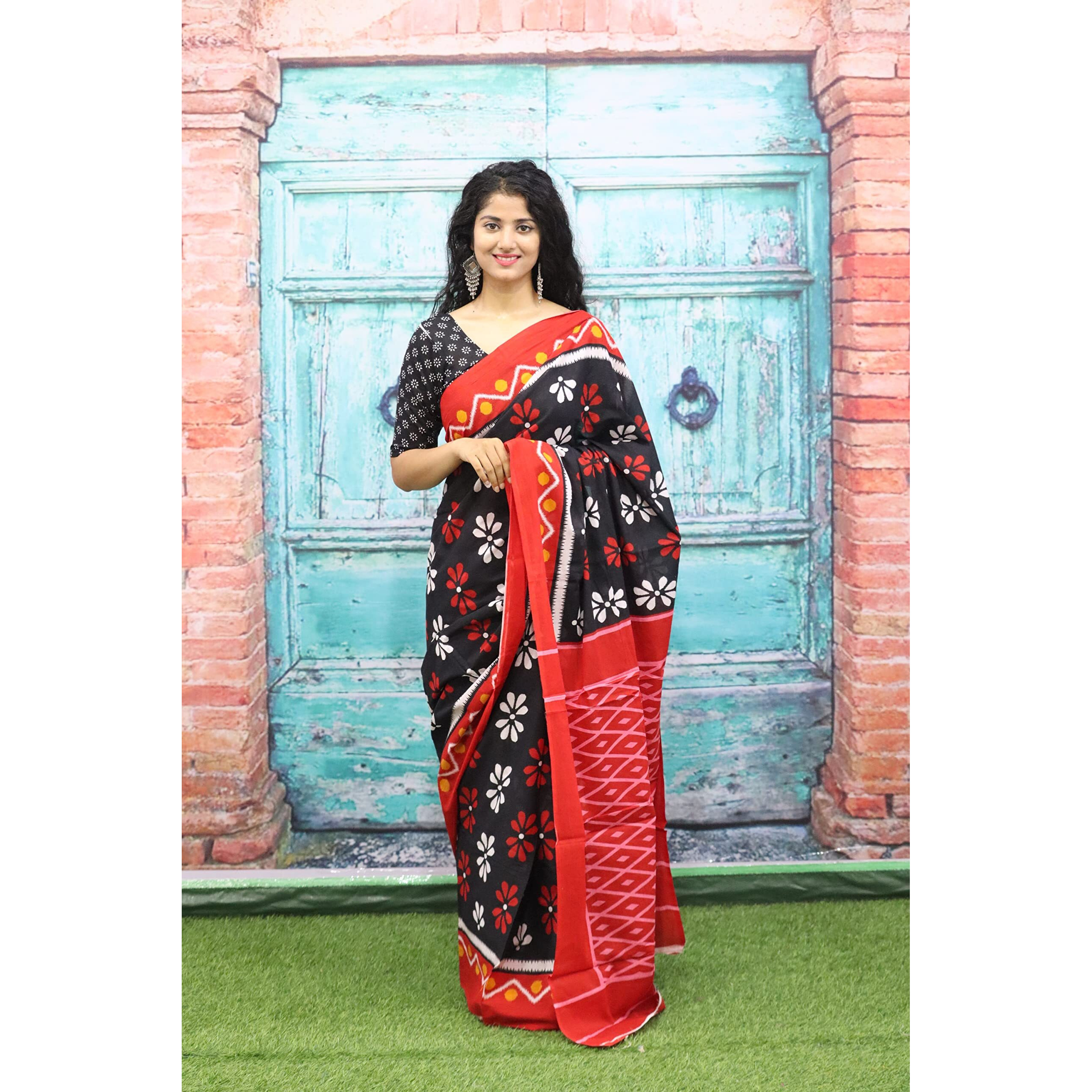 JALTHER Handicrafts Womens Ikat Hand Block Print Jaipuri Cotton Mulmul Saree with Blouse Piece - Black_384