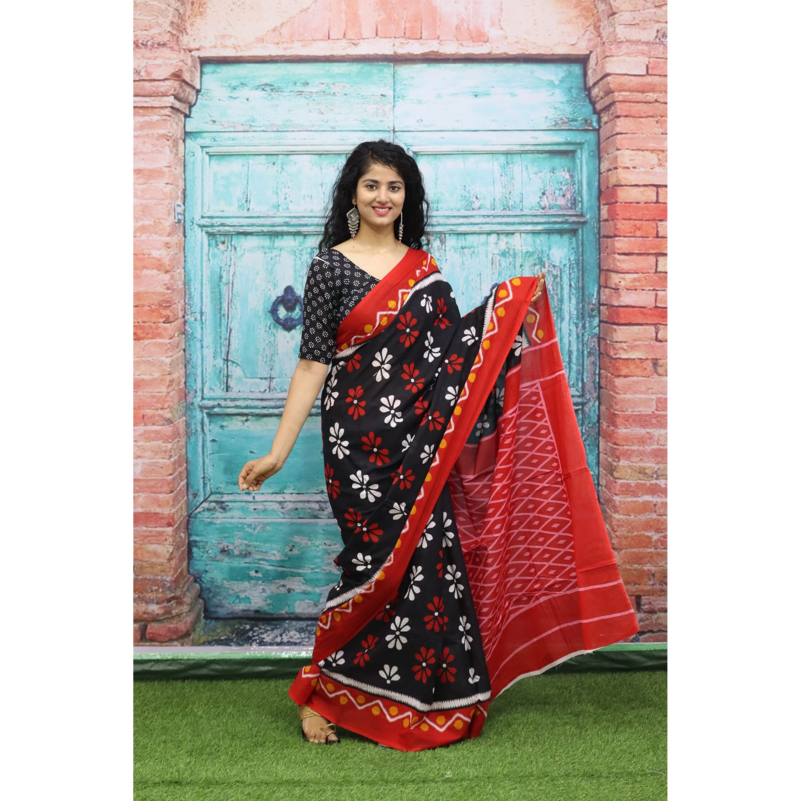 JALTHER Handicrafts Womens Ikat Hand Block Print Jaipuri Cotton Mulmul Saree with Blouse Piece - Black_384
