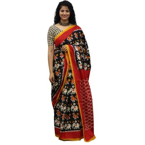 JALTHER Handicrafts Womens Ikat Hand Block Print Jaipuri Cotton Mulmul Saree with Blouse Piece - Black_393