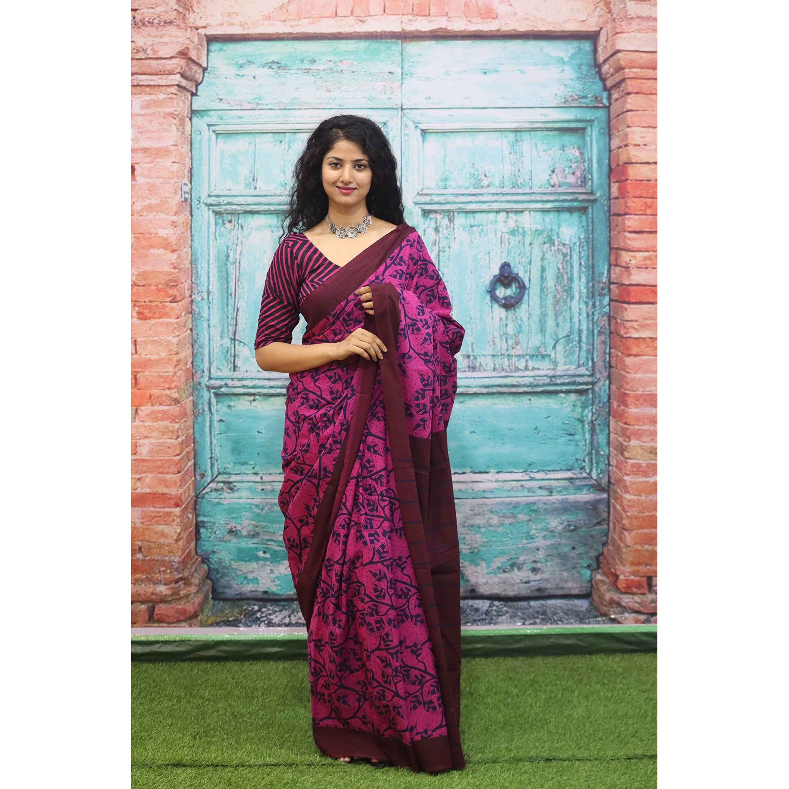 JALTHER Handicrafts Womens Ikat Hand Block Print Jaipuri Cotton Mulmul Saree with Blouse Piece - Purple_387