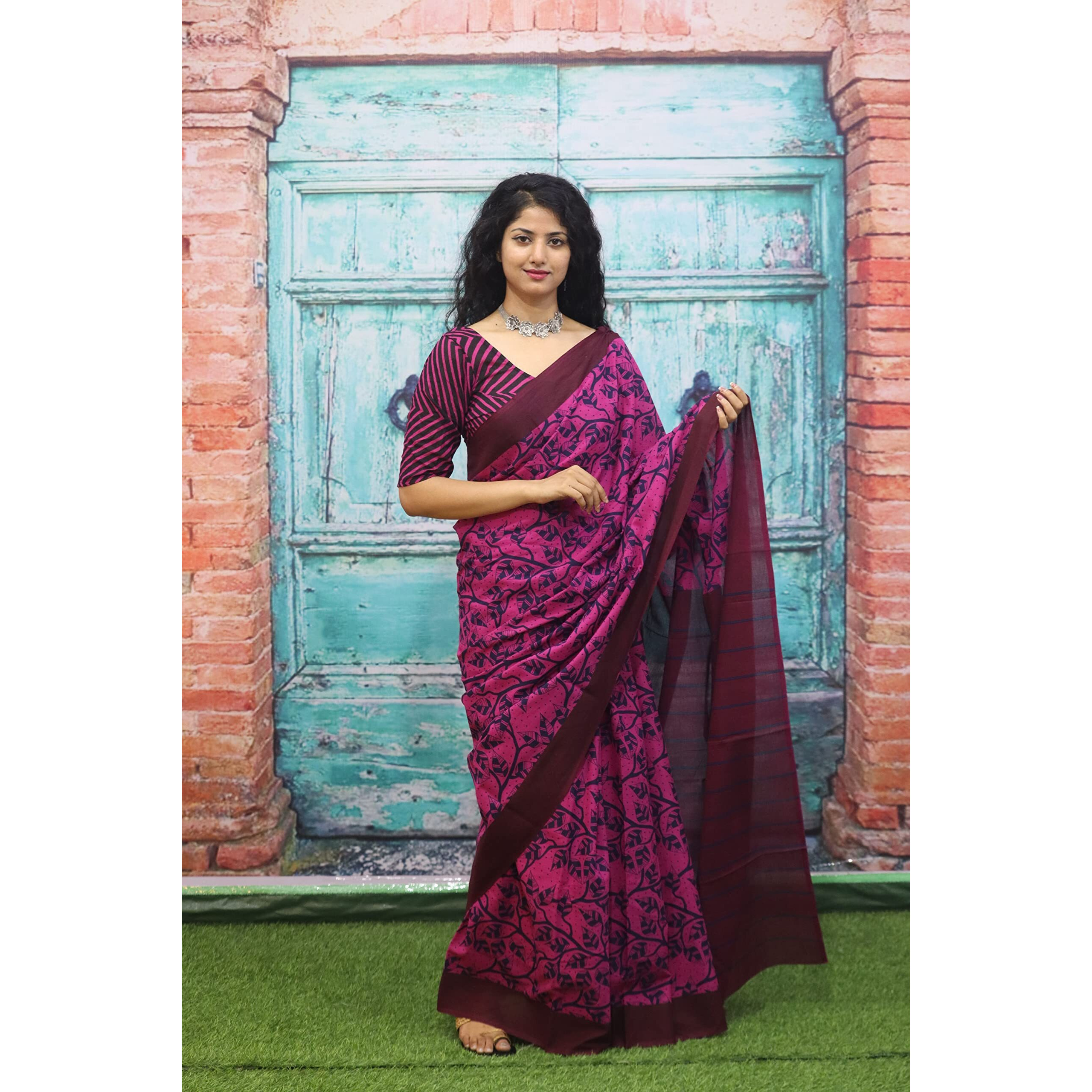 JALTHER Handicrafts Womens Ikat Hand Block Print Jaipuri Cotton Mulmul Saree with Blouse Piece - Purple_387
