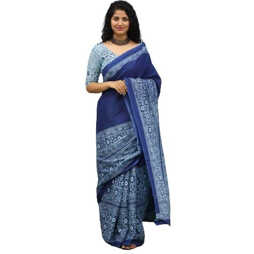 JALTHER Handicrafts Womens Ikat Hand Block Print Jaipuri Cotton Mulmul Saree with Blouse Piece - Blue_396