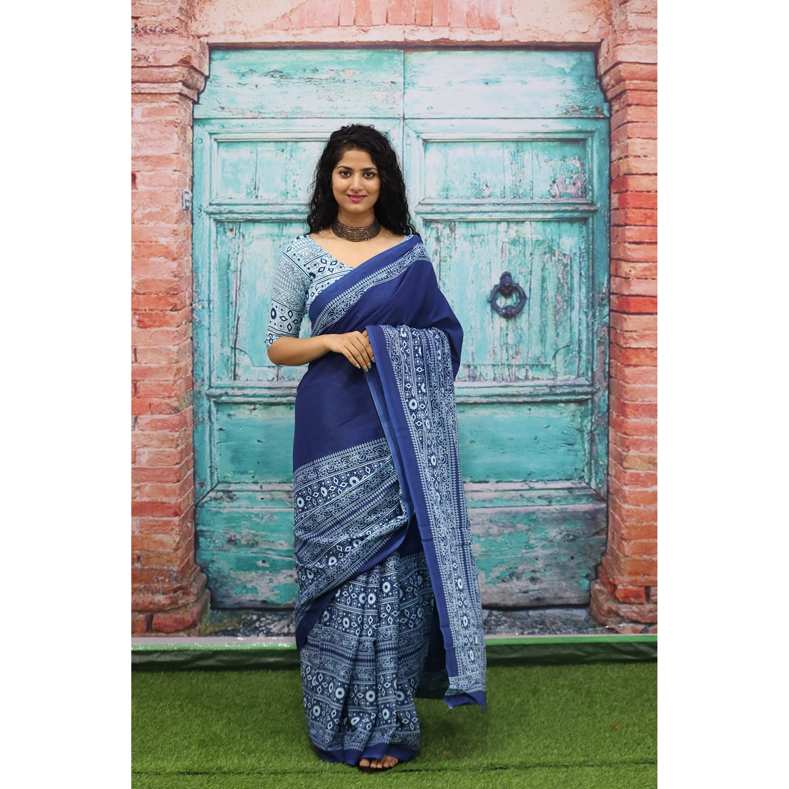 JALTHER Handicrafts Womens Ikat Hand Block Print Jaipuri Cotton Mulmul Saree with Blouse Piece - Blue_396