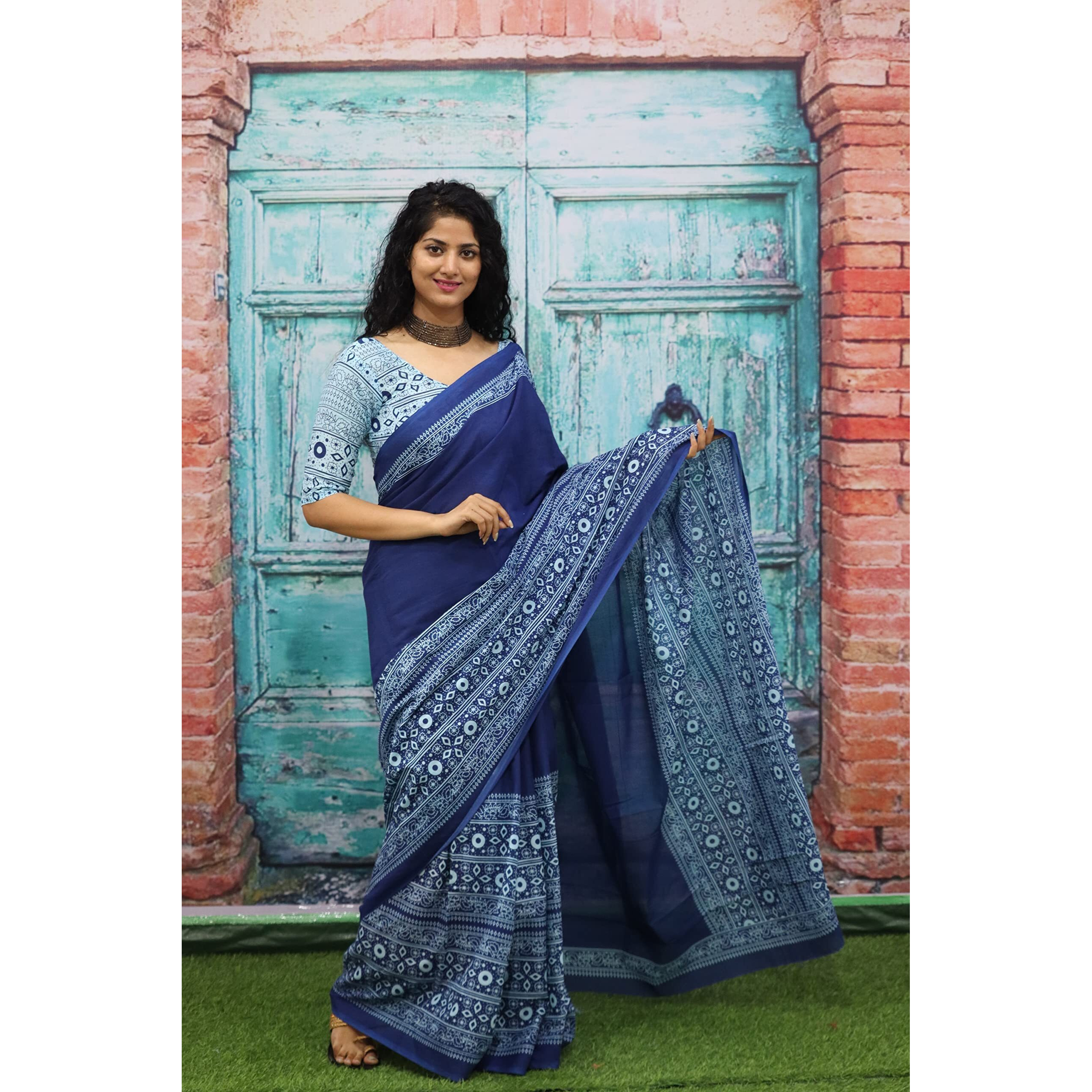JALTHER Handicrafts Womens Ikat Hand Block Print Jaipuri Cotton Mulmul Saree with Blouse Piece - Blue_396
