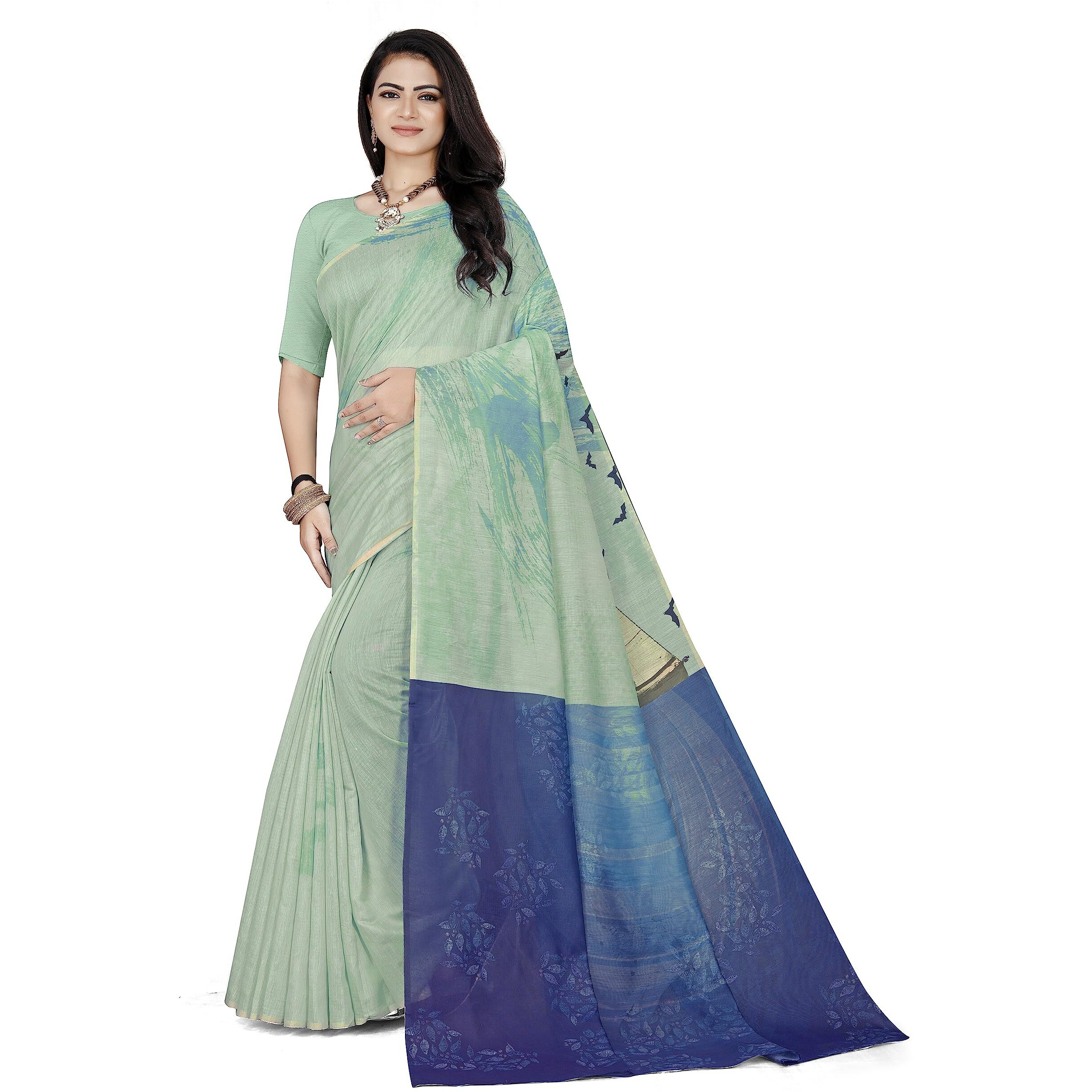 KAARYASHILP Sky Blue Chanderi Cotton Saree For Women With Unstitched Blouse Piece
