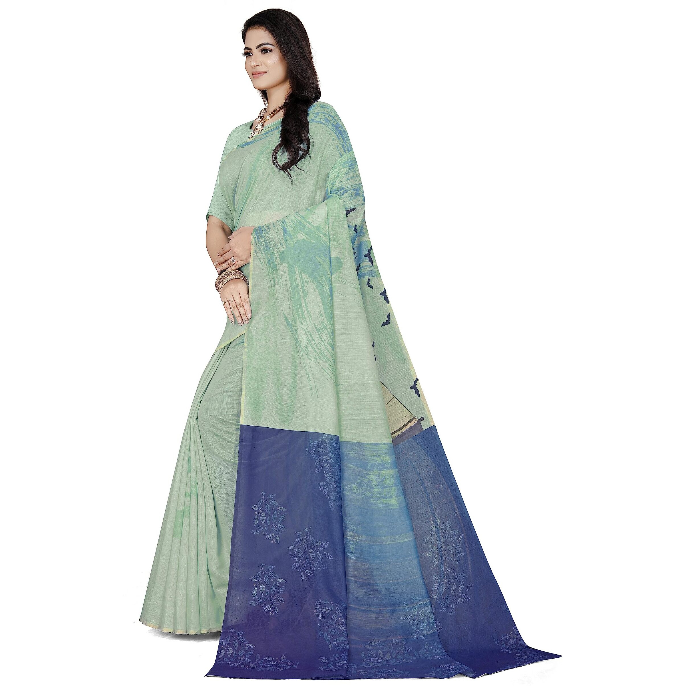 KAARYASHILP Sky Blue Chanderi Cotton Saree For Women With Unstitched Blouse Piece