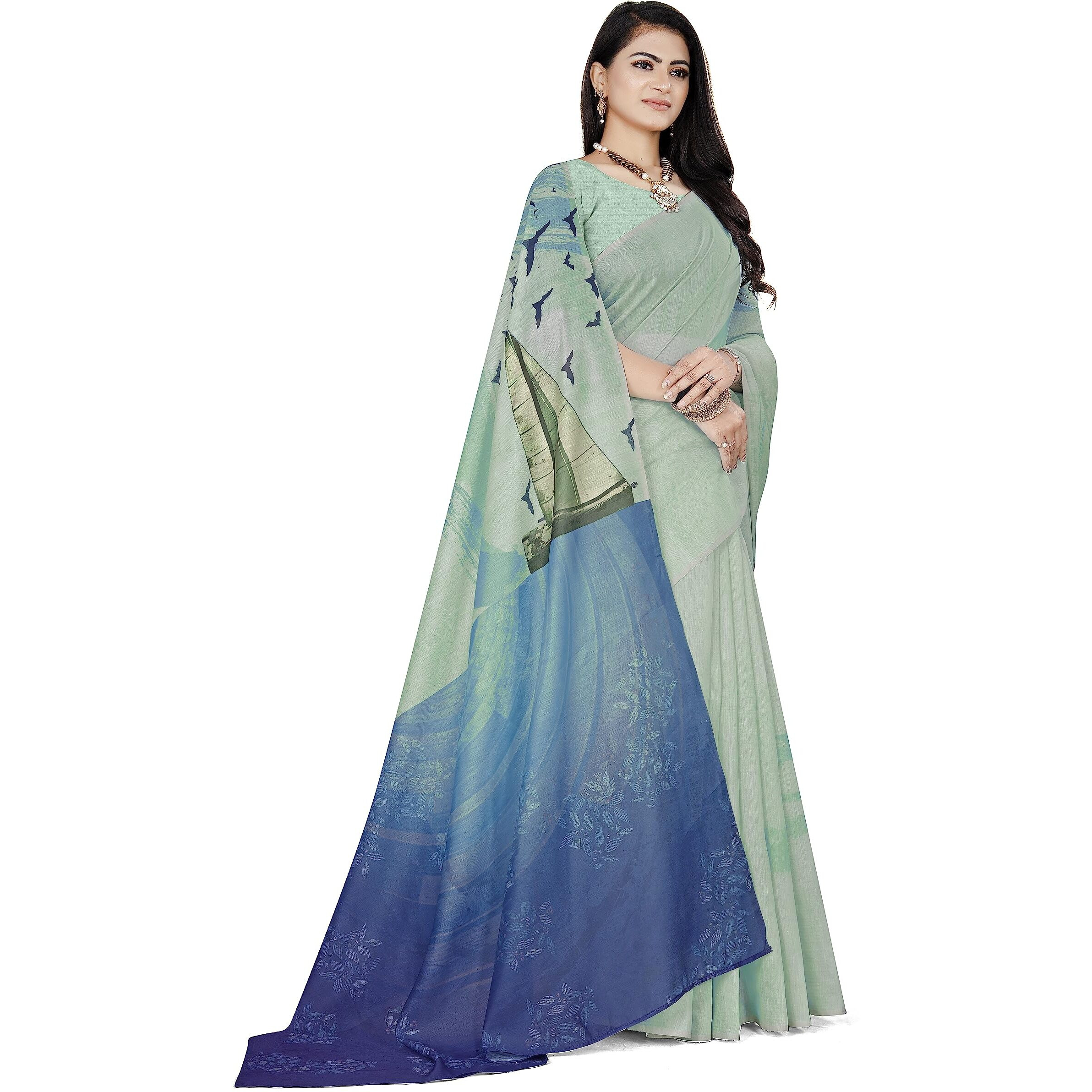 KAARYASHILP Sky Blue Chanderi Cotton Saree For Women With Unstitched Blouse Piece