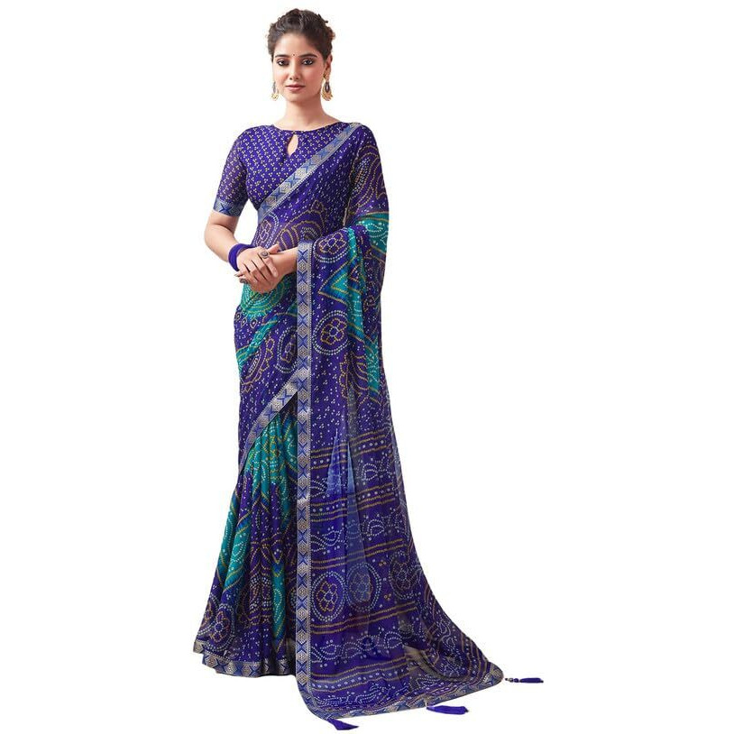SIRIL Womens Chiffon Bandhani Printed Saree With Unstitched Blouse Piece (3728S2622_Blue)