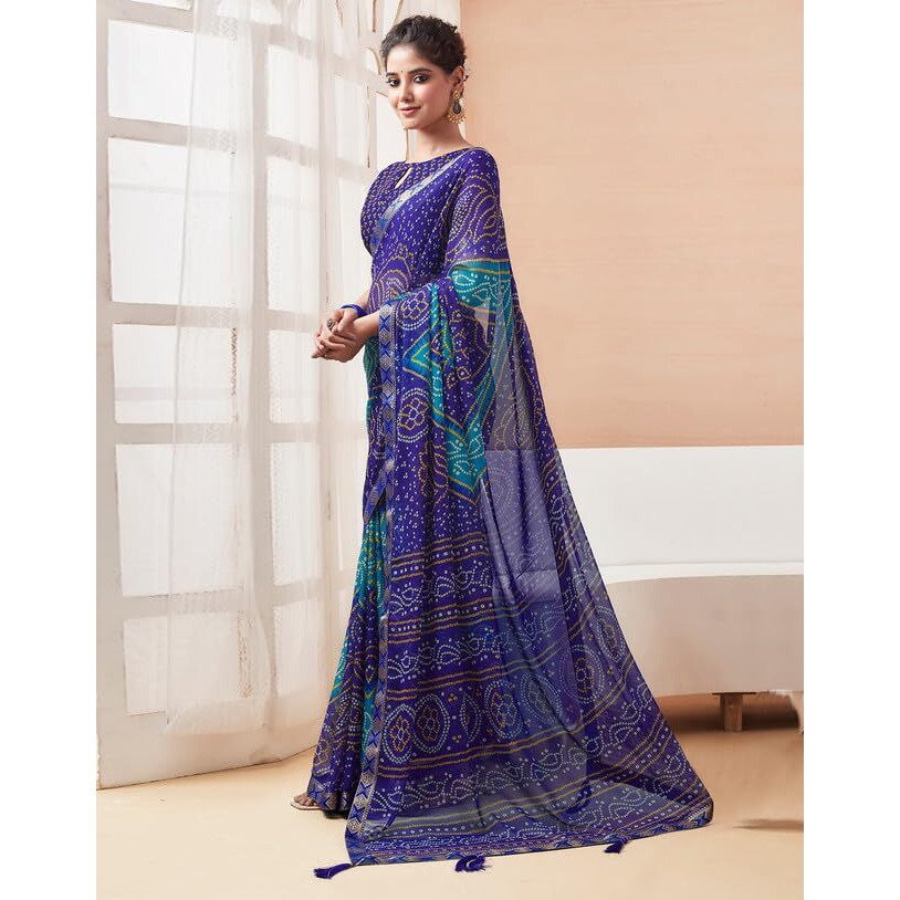 SIRIL Womens Chiffon Bandhani Printed Saree With Unstitched Blouse Piece (3728S2622_Blue)