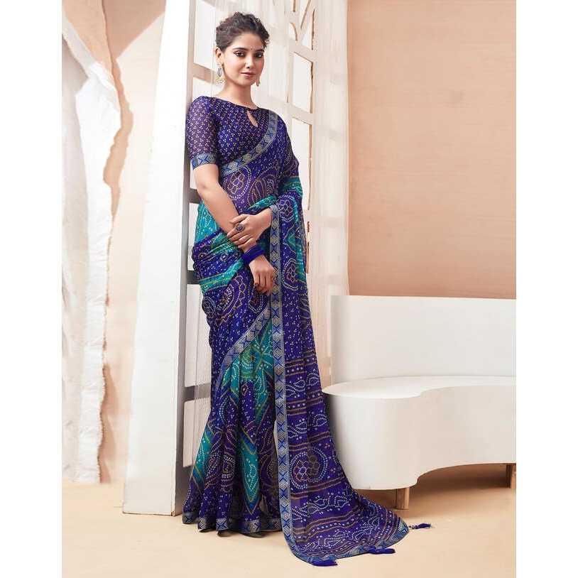 SIRIL Womens Chiffon Bandhani Printed Saree With Unstitched Blouse Piece (3728S2622_Blue)