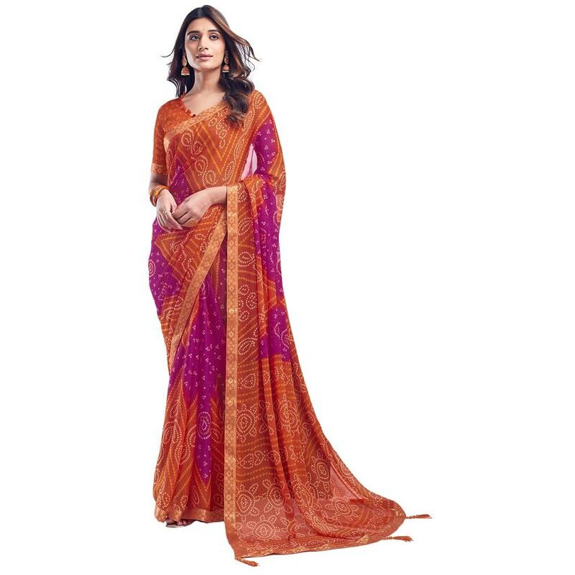 SIRIL Womens Chiffon Bandhani Printed Saree With Unstitched Blouse Piece (3728S2623_Orange & Pink)