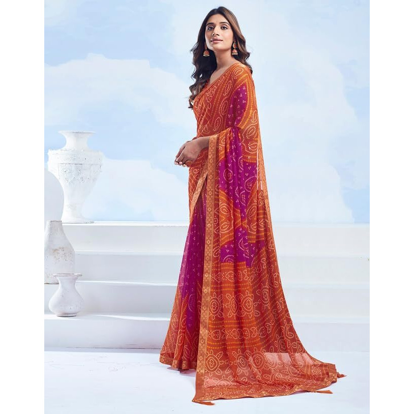 SIRIL Womens Chiffon Bandhani Printed Saree With Unstitched Blouse Piece (3728S2623_Orange & Pink)