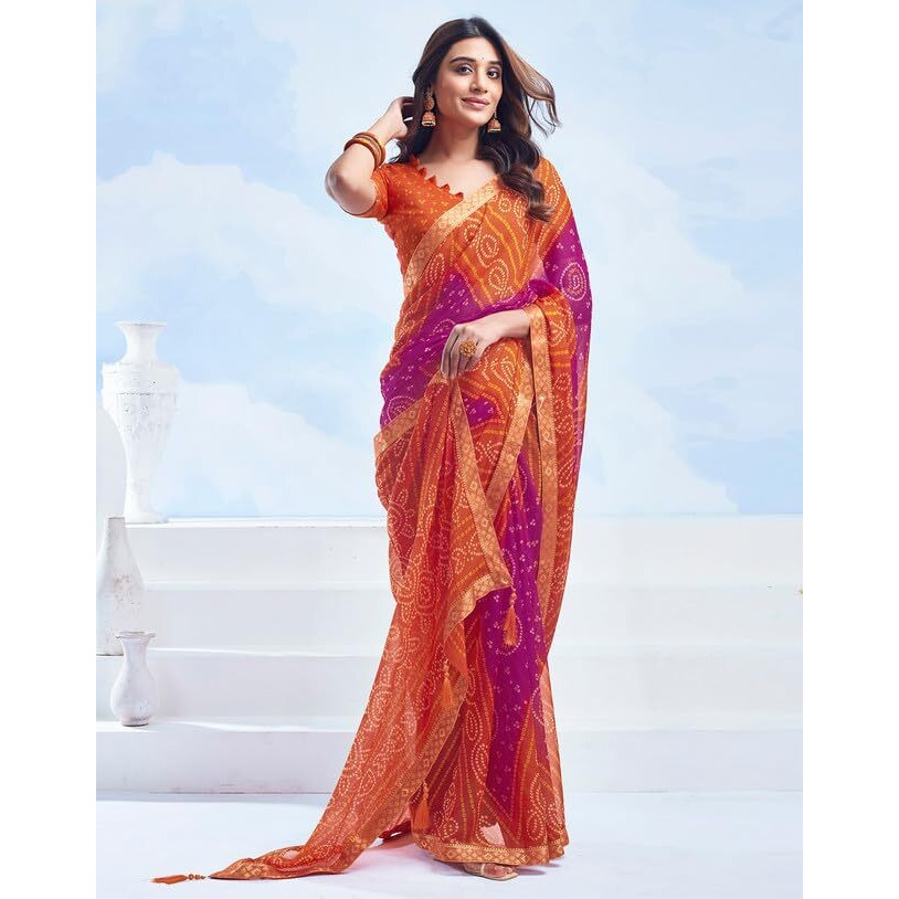 SIRIL Womens Chiffon Bandhani Printed Saree With Unstitched Blouse Piece (3728S2623_Orange & Pink)