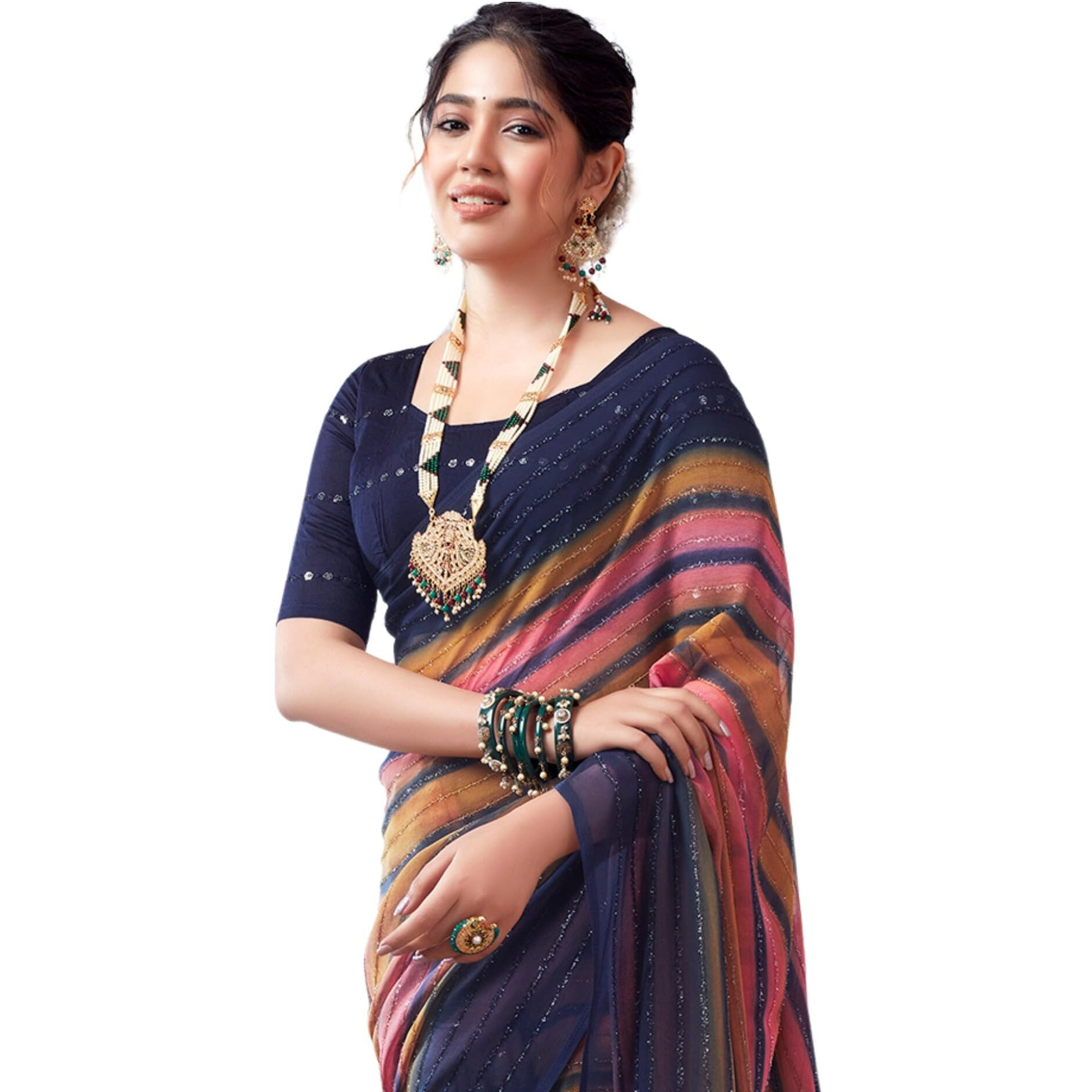 SIRIL Womens Georgette Printed Zari Stripe Saree With Unstitched Blouse Piece (3498S723_Navy Blue)