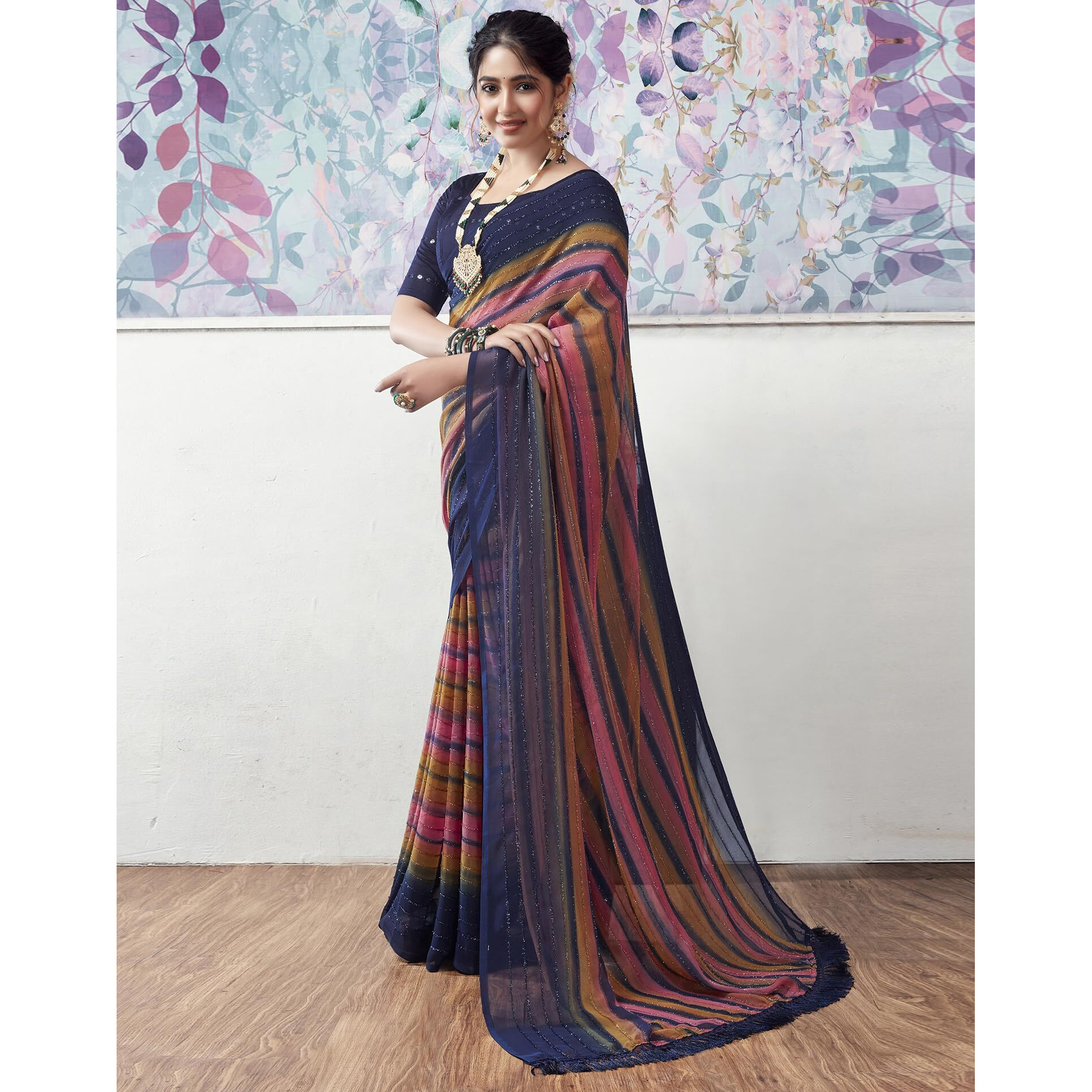 SIRIL Womens Georgette Printed Zari Stripe Saree With Unstitched Blouse Piece (3498S723_Navy Blue)