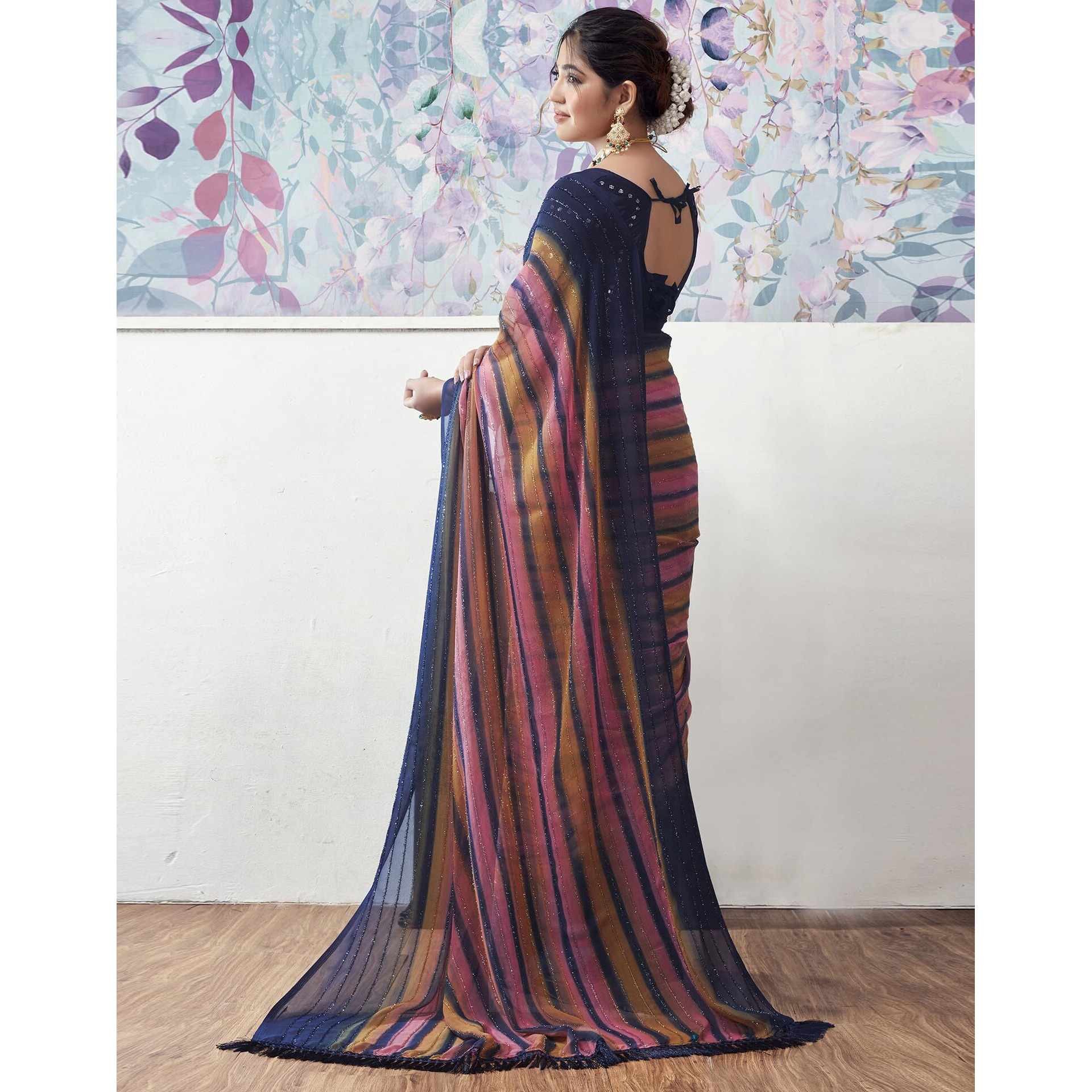 SIRIL Womens Georgette Printed Zari Stripe Saree With Unstitched Blouse Piece (3498S723_Navy Blue)