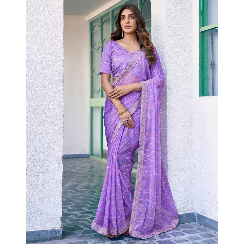 SIRIL Womens Chiffon Bandhani Printed Sequence Embroidery Lace Saree With Unstiched Blouse Piece (3667S2546_Lavender)