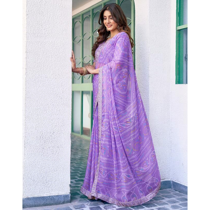 SIRIL Womens Chiffon Bandhani Printed Sequence Embroidery Lace Saree With Unstiched Blouse Piece (3667S2546_Lavender)