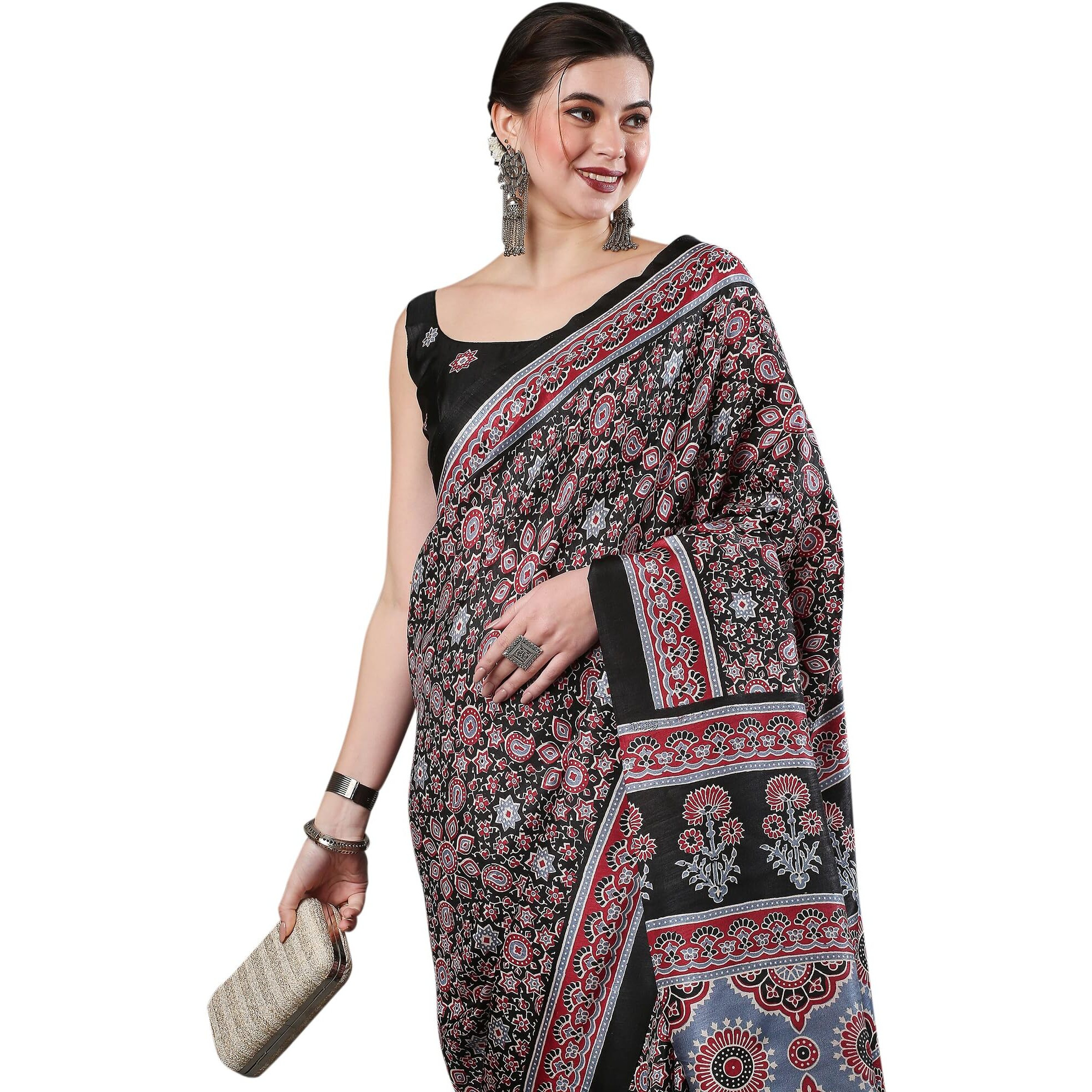 AKHILAM Womens Ajrak Block Print Dola Silk Saree With Unstitched Blouse Piece (Black_KUMRN202)