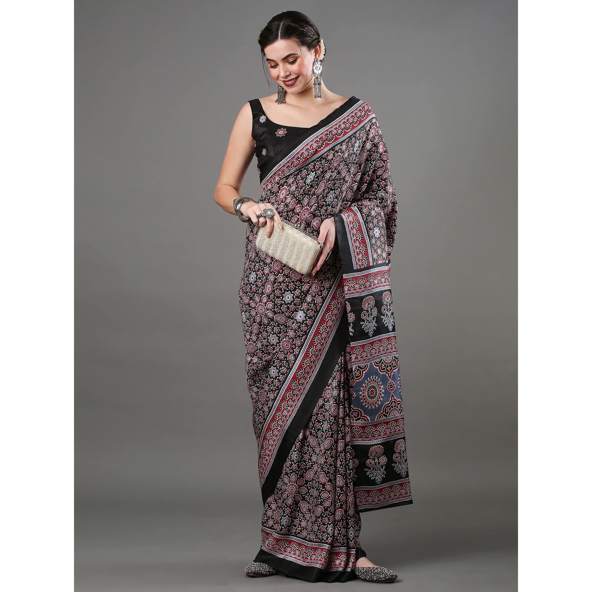 AKHILAM Womens Ajrak Block Print Dola Silk Saree With Unstitched Blouse Piece (Black_KUMRN202)