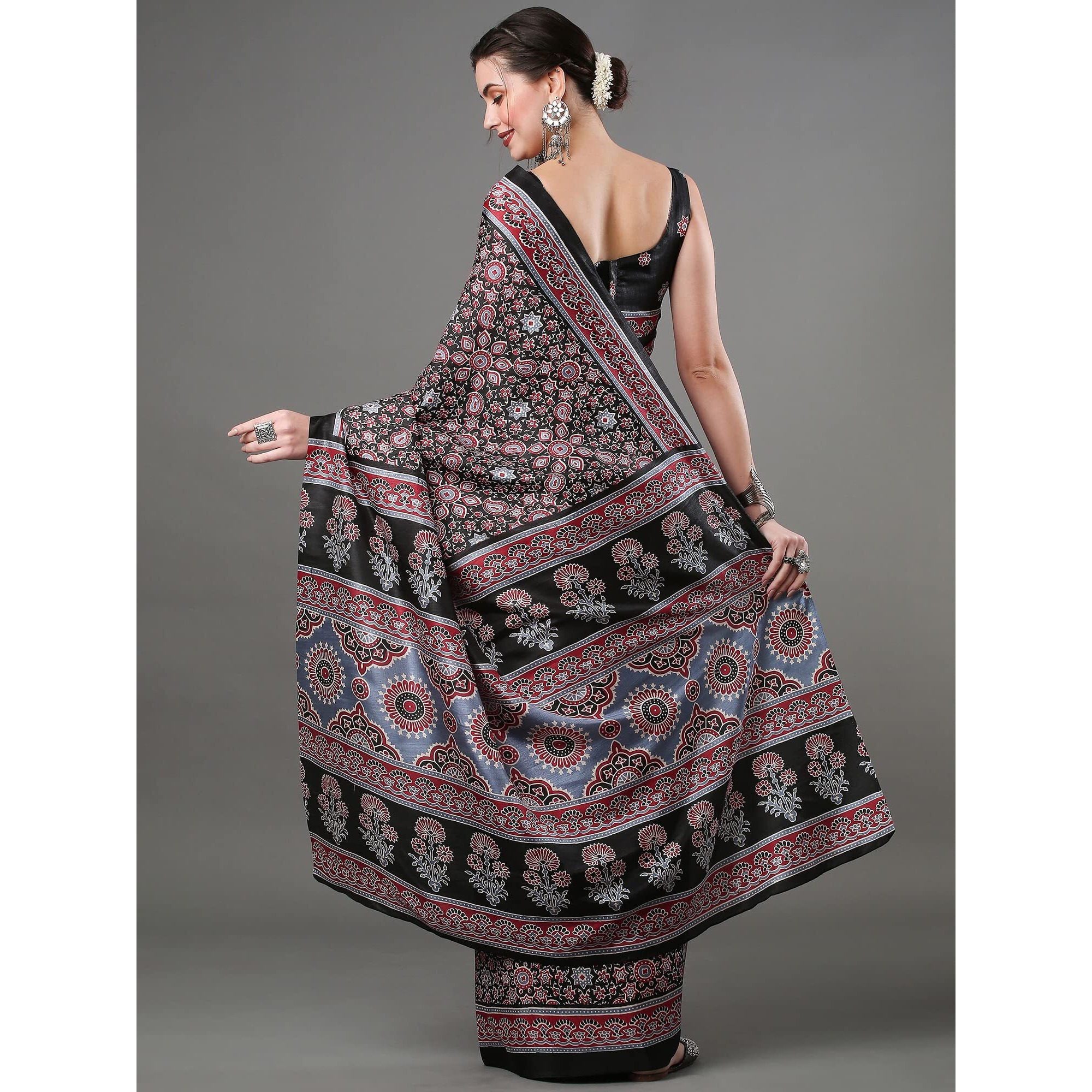 AKHILAM Womens Ajrak Block Print Dola Silk Saree With Unstitched Blouse Piece (Black_KUMRN202)