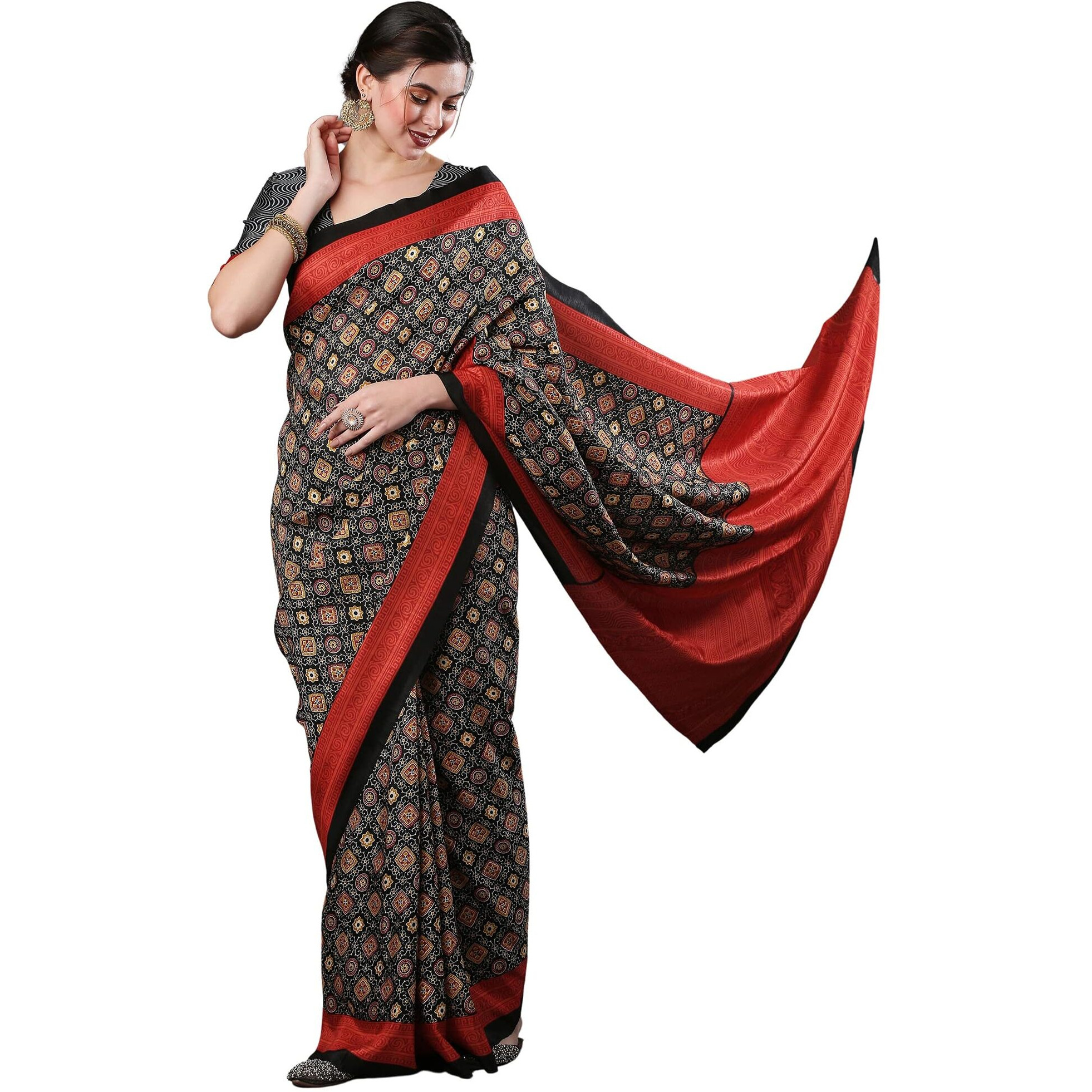 AKHILAM Womens Ajrak Block Print Dola Silk Saree With Unstitched Blouse Piece (Black_KUMRN201)