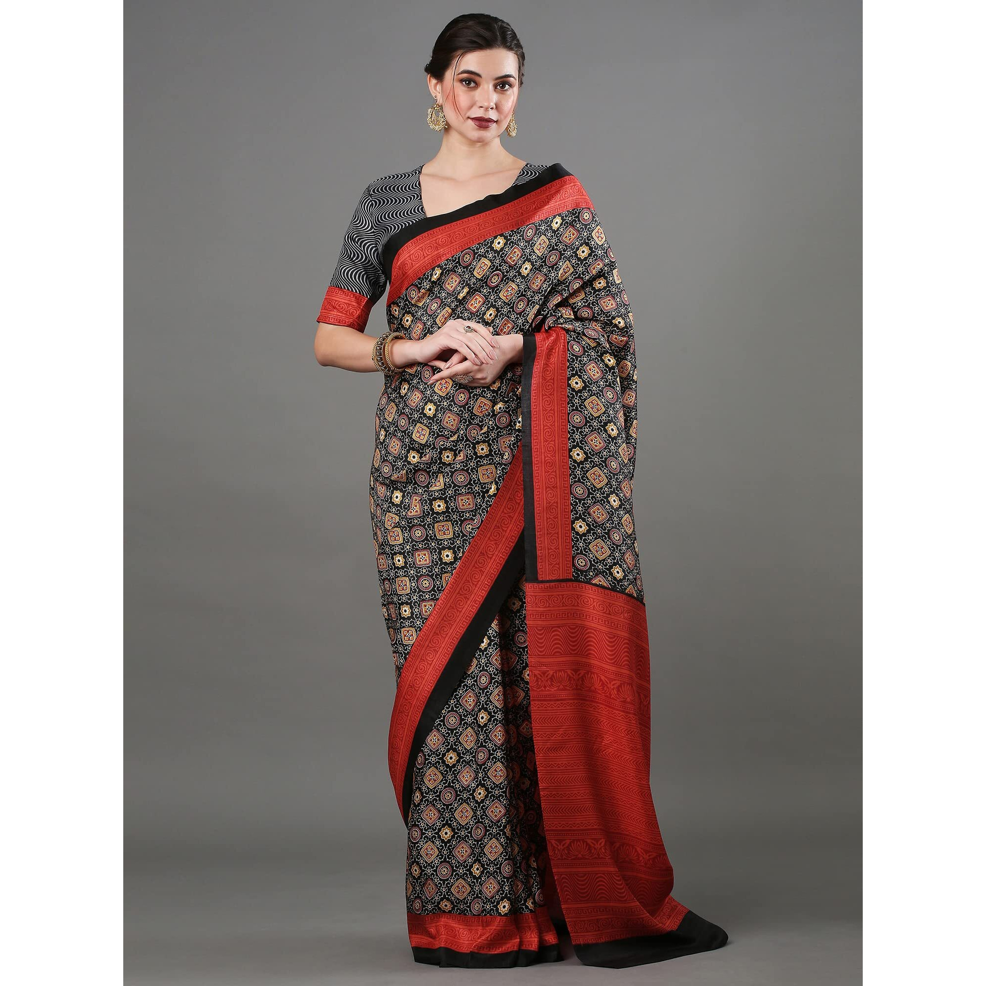 AKHILAM Womens Ajrak Block Print Dola Silk Saree With Unstitched Blouse Piece (Black_KUMRN201)